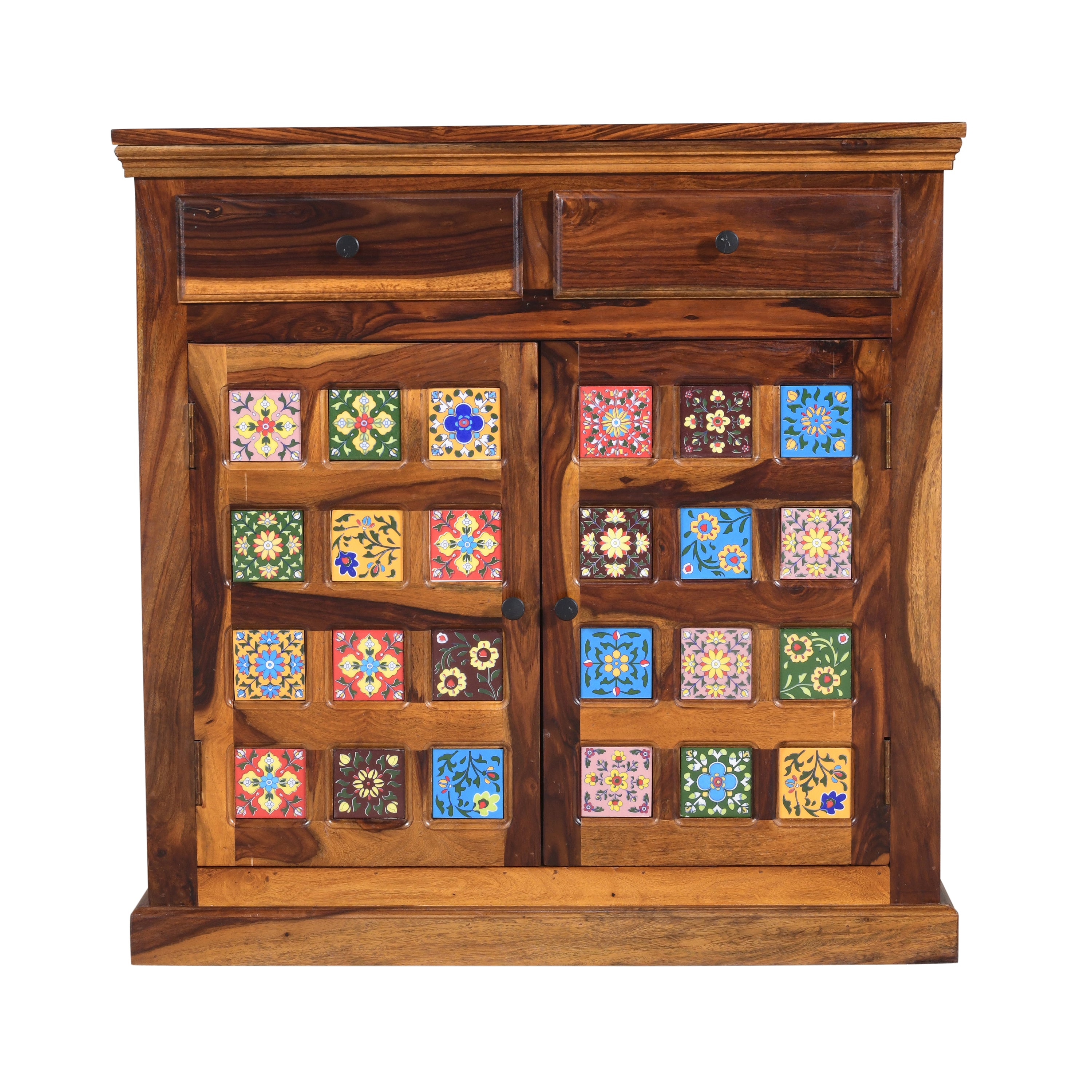 Handcrafted Solid Wood Storage Cabinet with Ceramic Tile Doors & Drawers