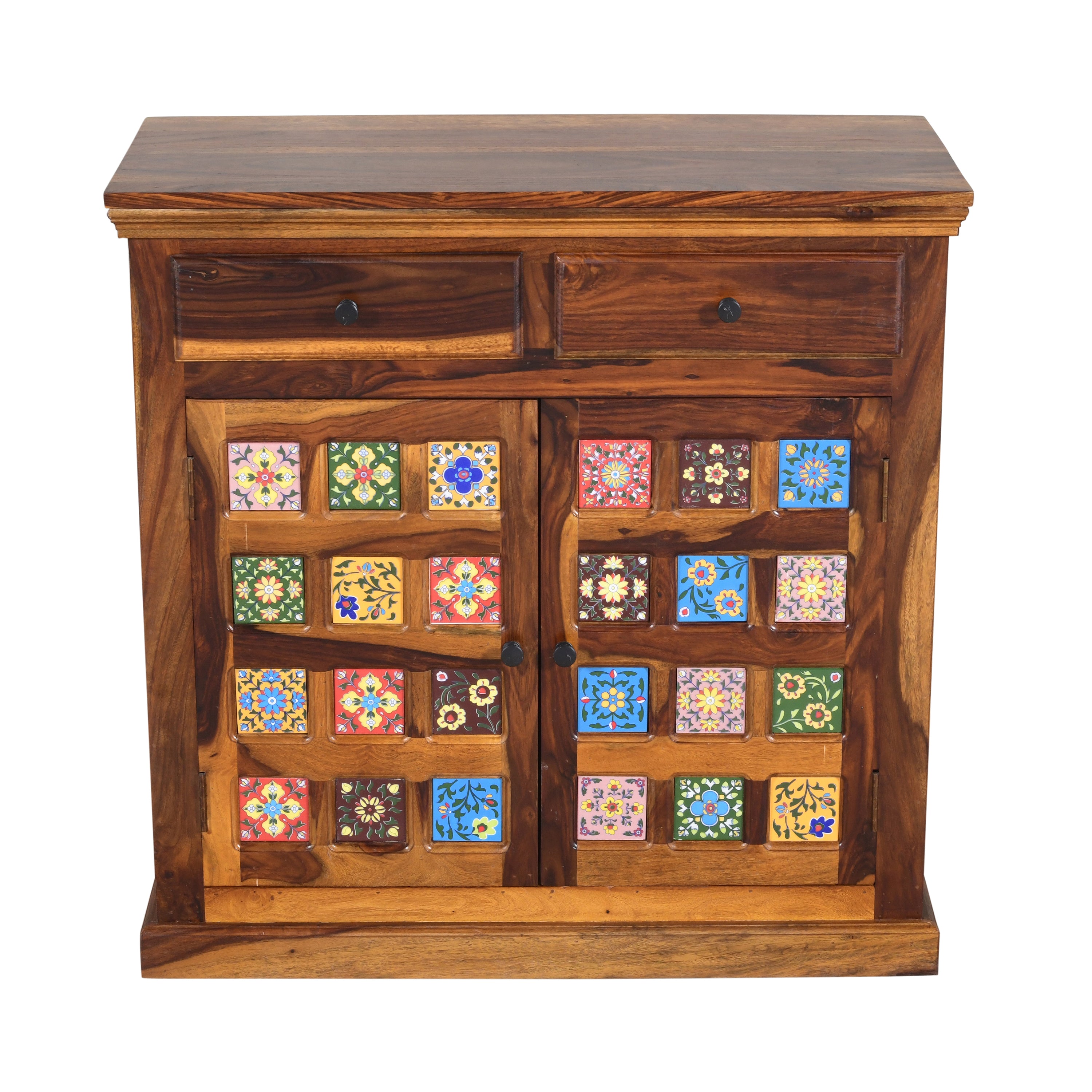 Handcrafted Solid Wood Storage Cabinet with Ceramic Tile Doors & Drawers