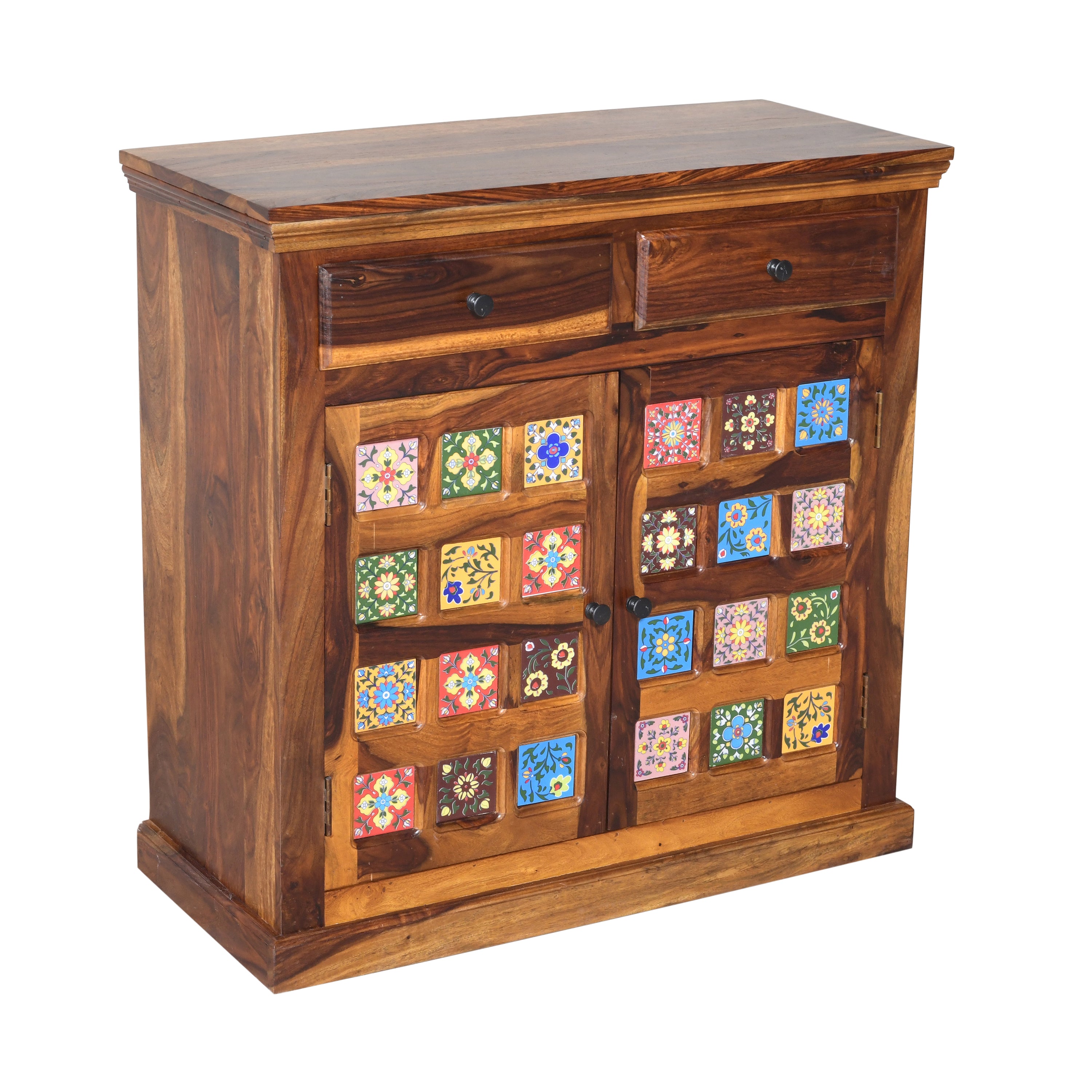 Handcrafted Solid Wood Storage Cabinet with Ceramic Tile Doors & Drawers