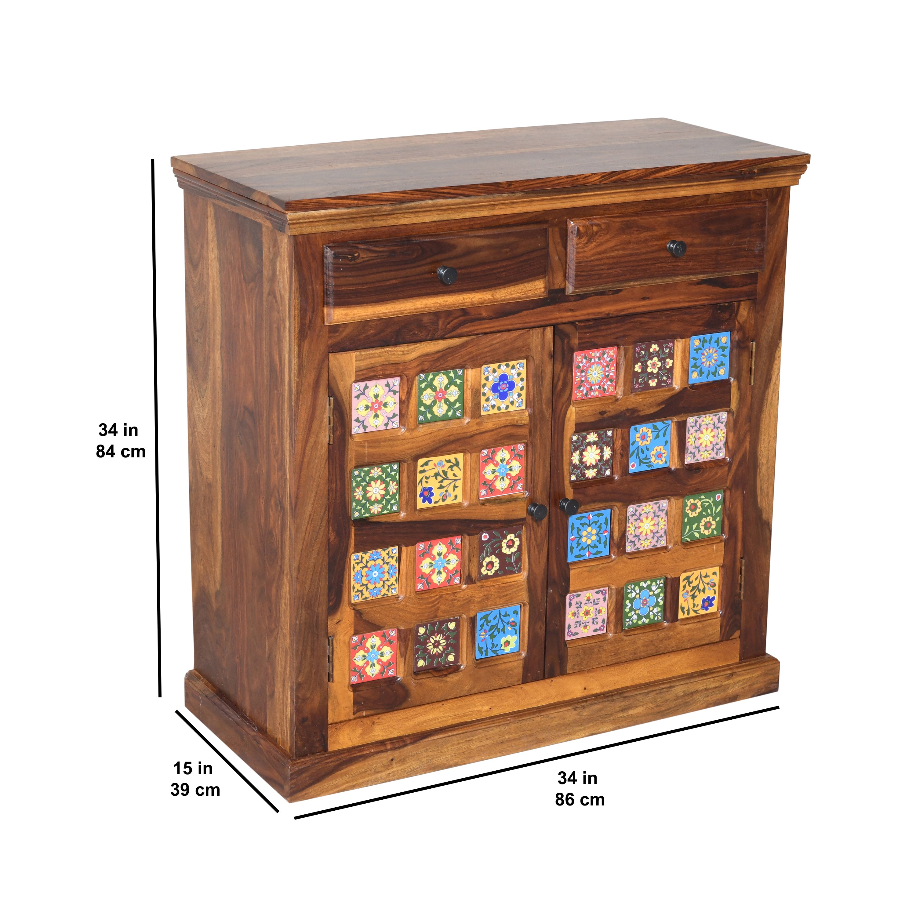 Handcrafted Solid Wood Storage Cabinet with Ceramic Tile Doors & Drawers