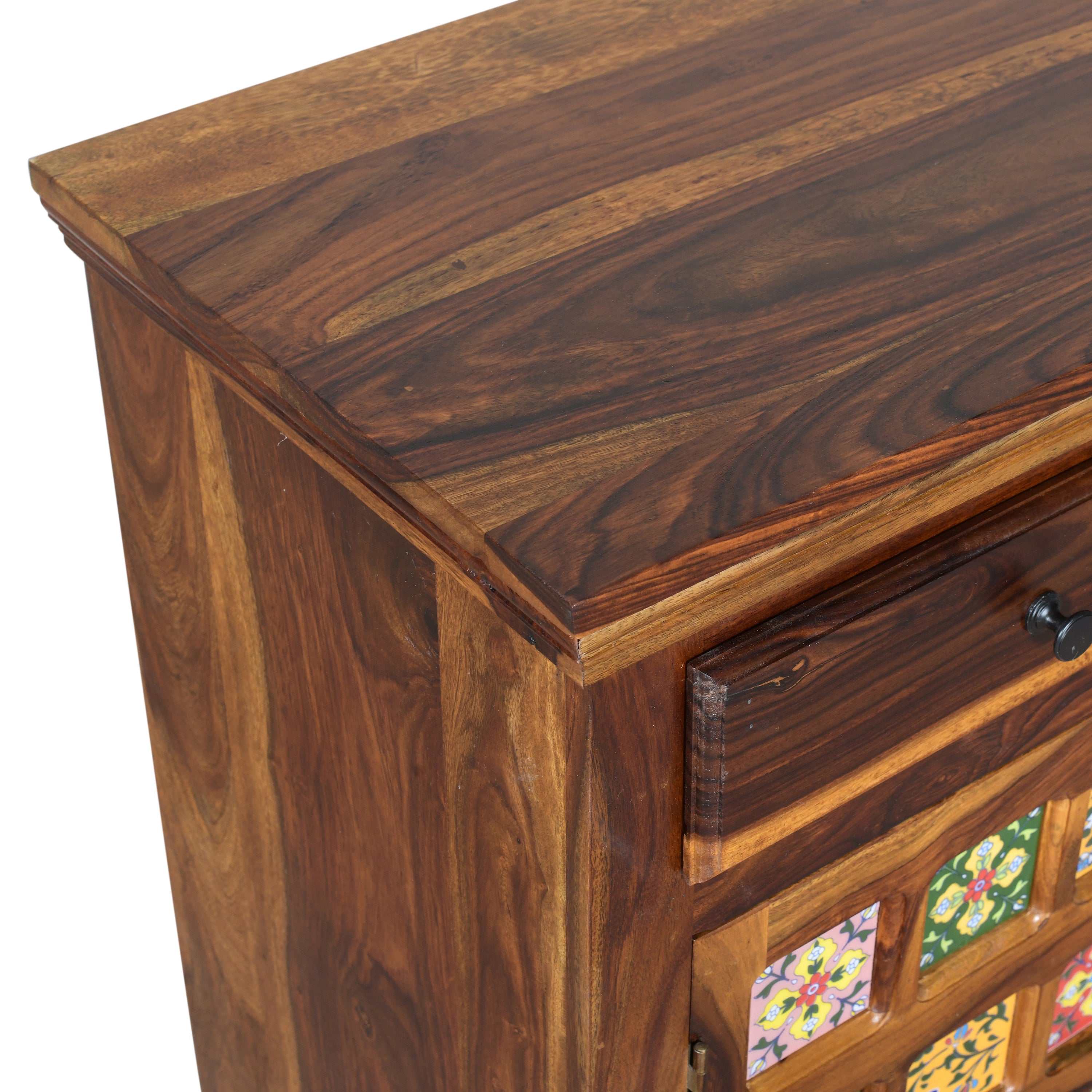 Handcrafted Solid Wood Storage Cabinet with Ceramic Tile Doors & Drawers