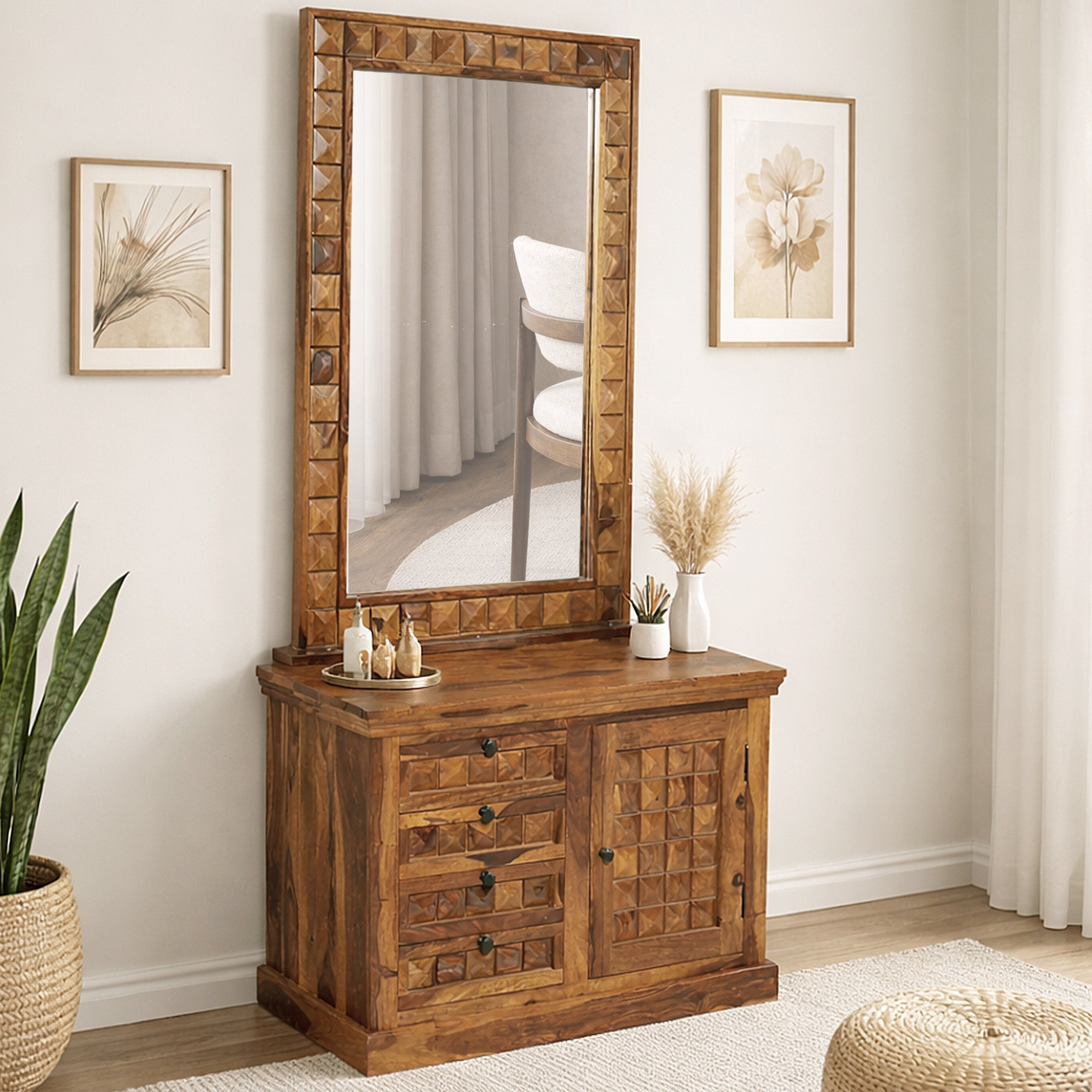 Solid Sheesham Wood Dressing Table with Mirror & Storage Cabinet