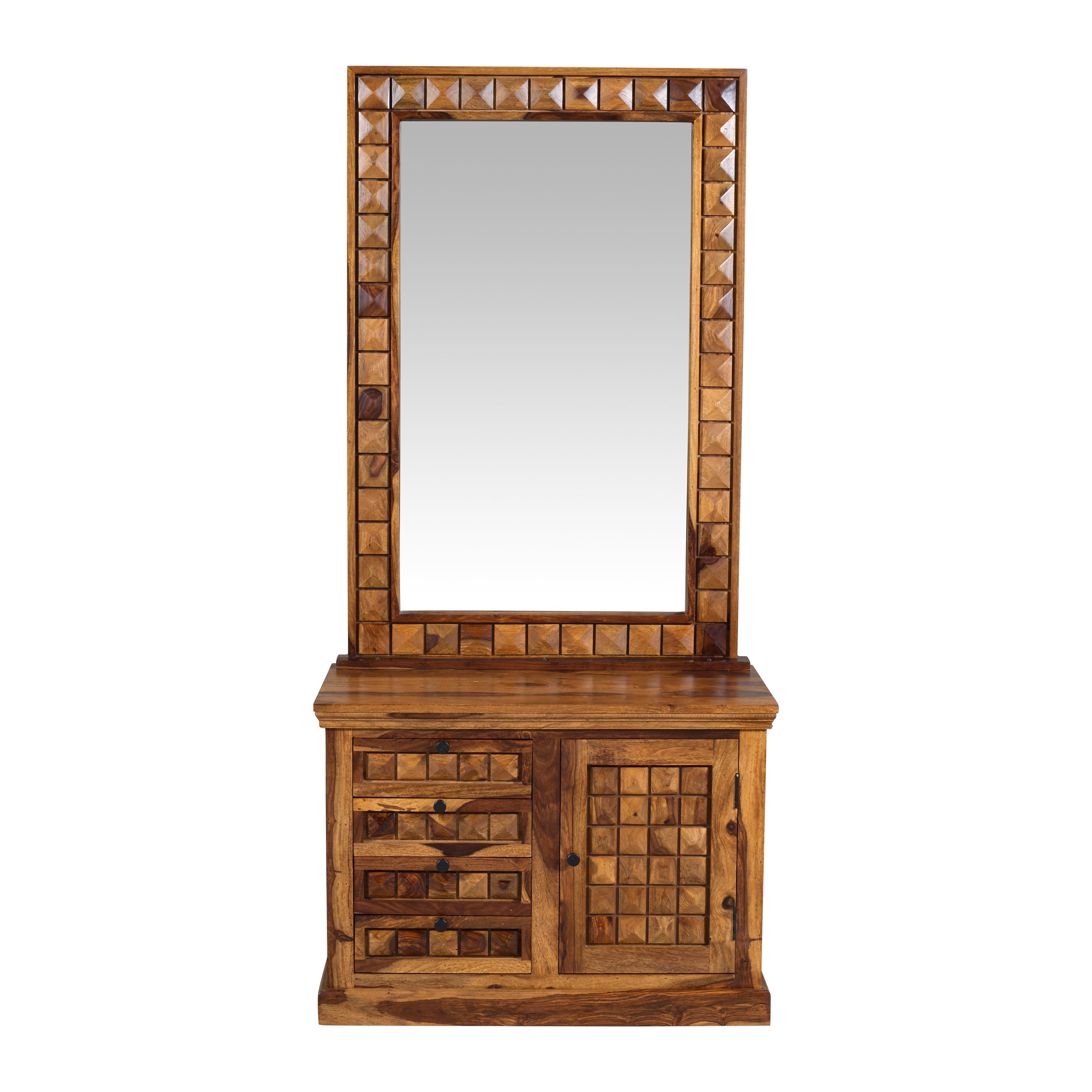 Solid Sheesham Wood Dressing Table with Mirror & Storage Cabinet