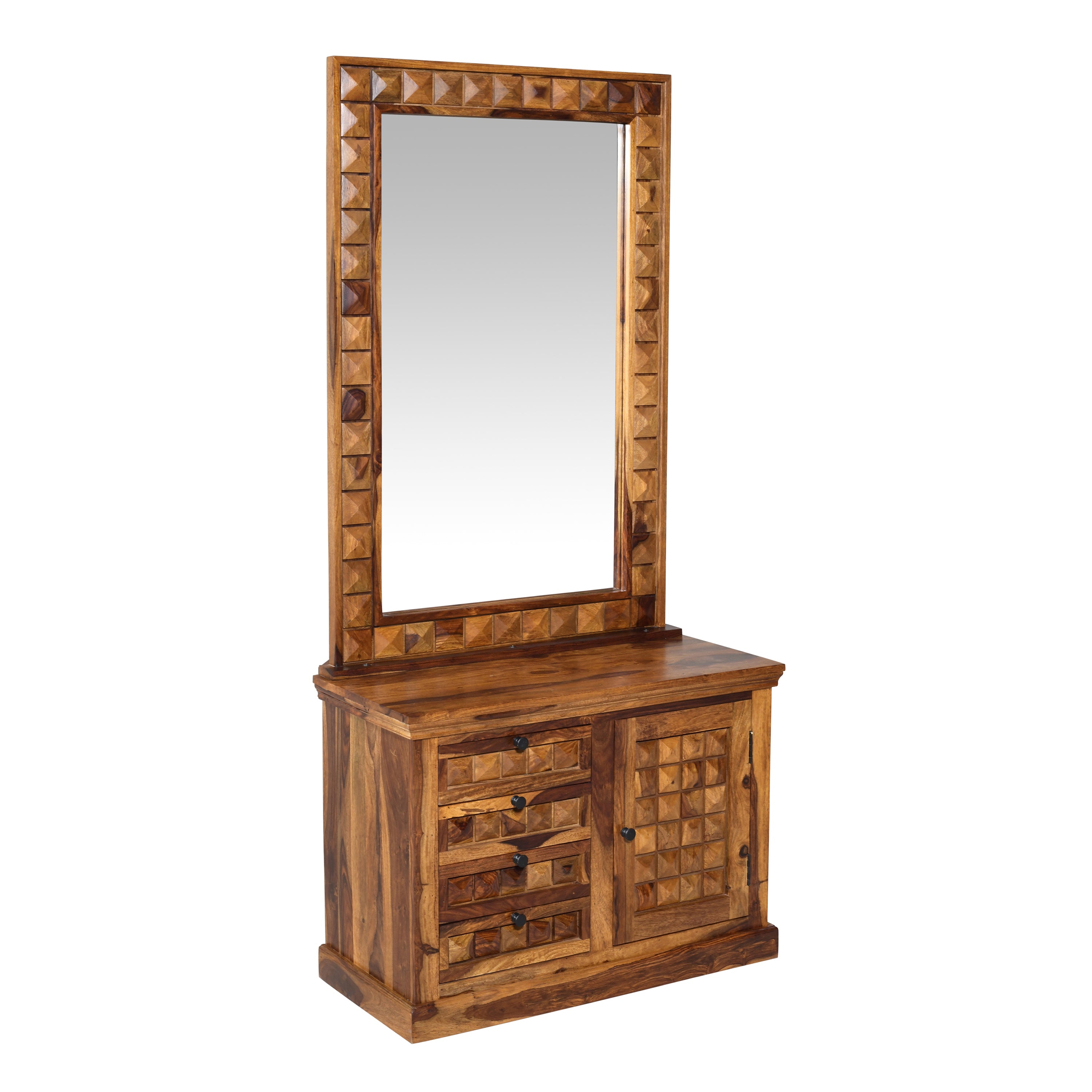 Solid Sheesham Wood Dressing Table with Mirror & Storage Cabinet