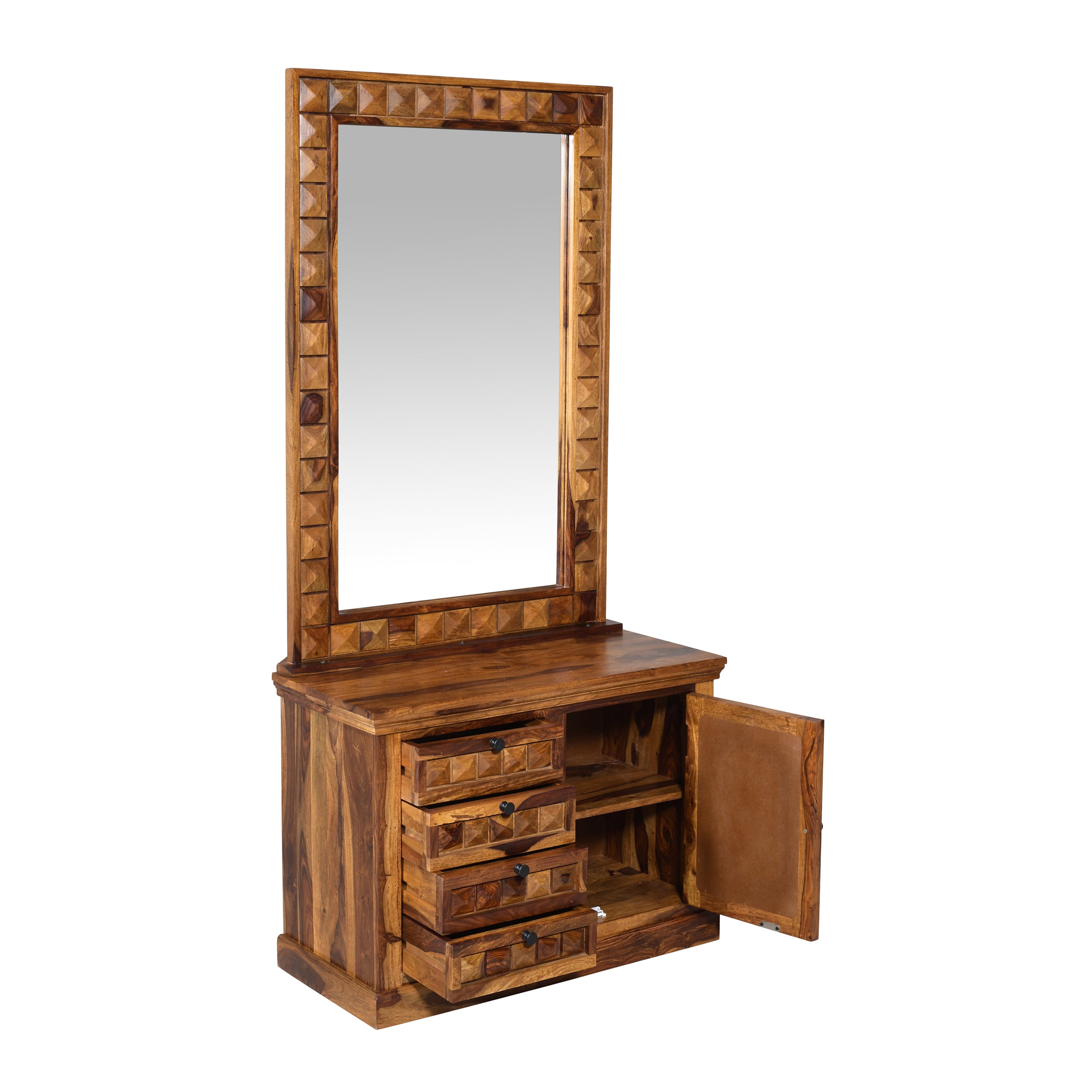 Solid Sheesham Wood Dressing Table with Mirror & Storage Cabinet