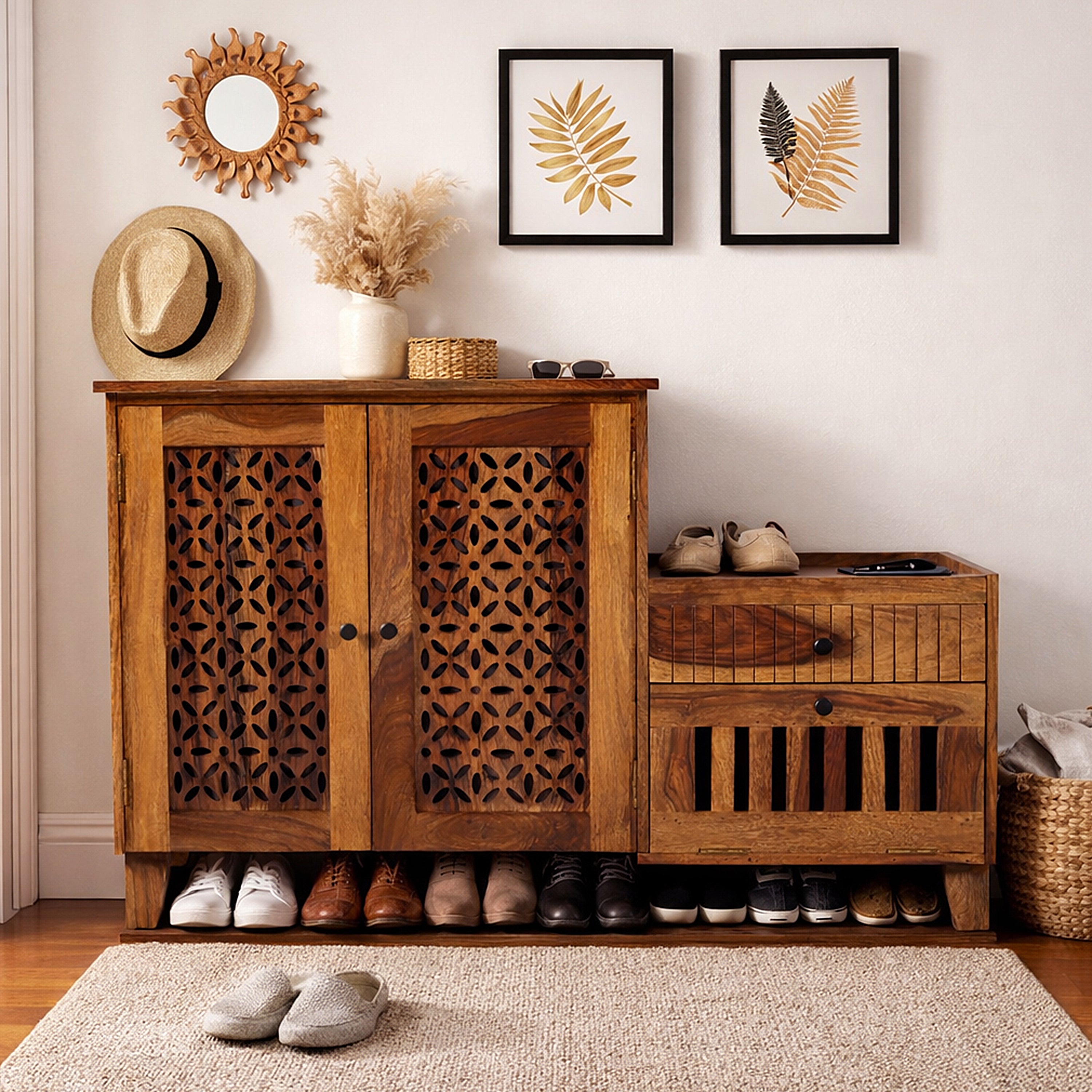 Solid Wood Shoe Rack Cabinet with Drawer & Storage