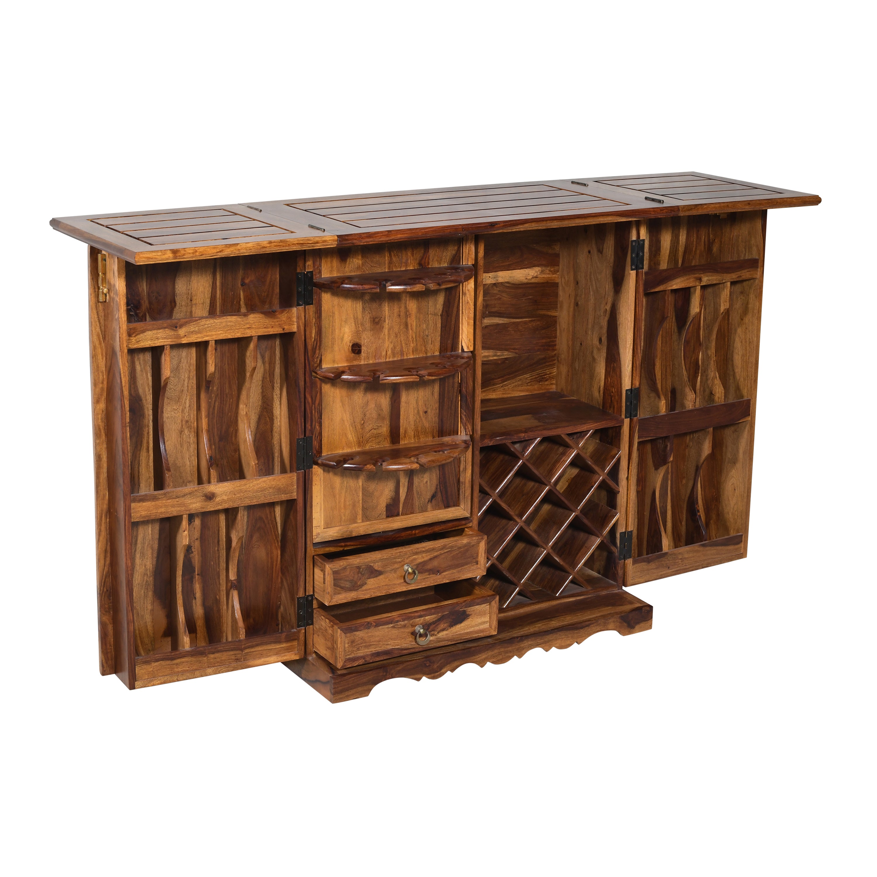 Solid Wood Bar Cabinet with Wine Rack, Shelves & Storage Drawers