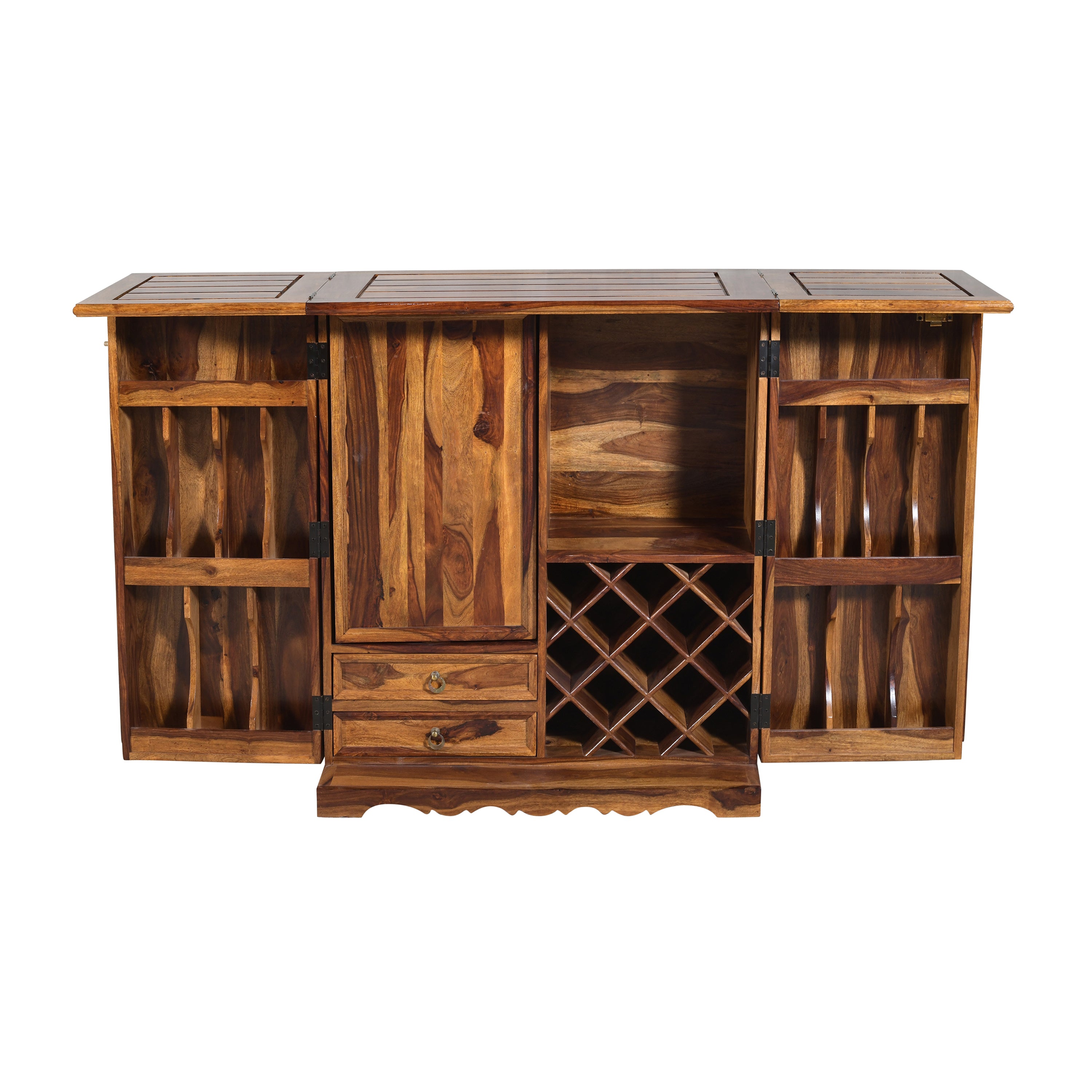 Solid Wood Bar Cabinet with Wine Rack, Shelves & Storage Drawers