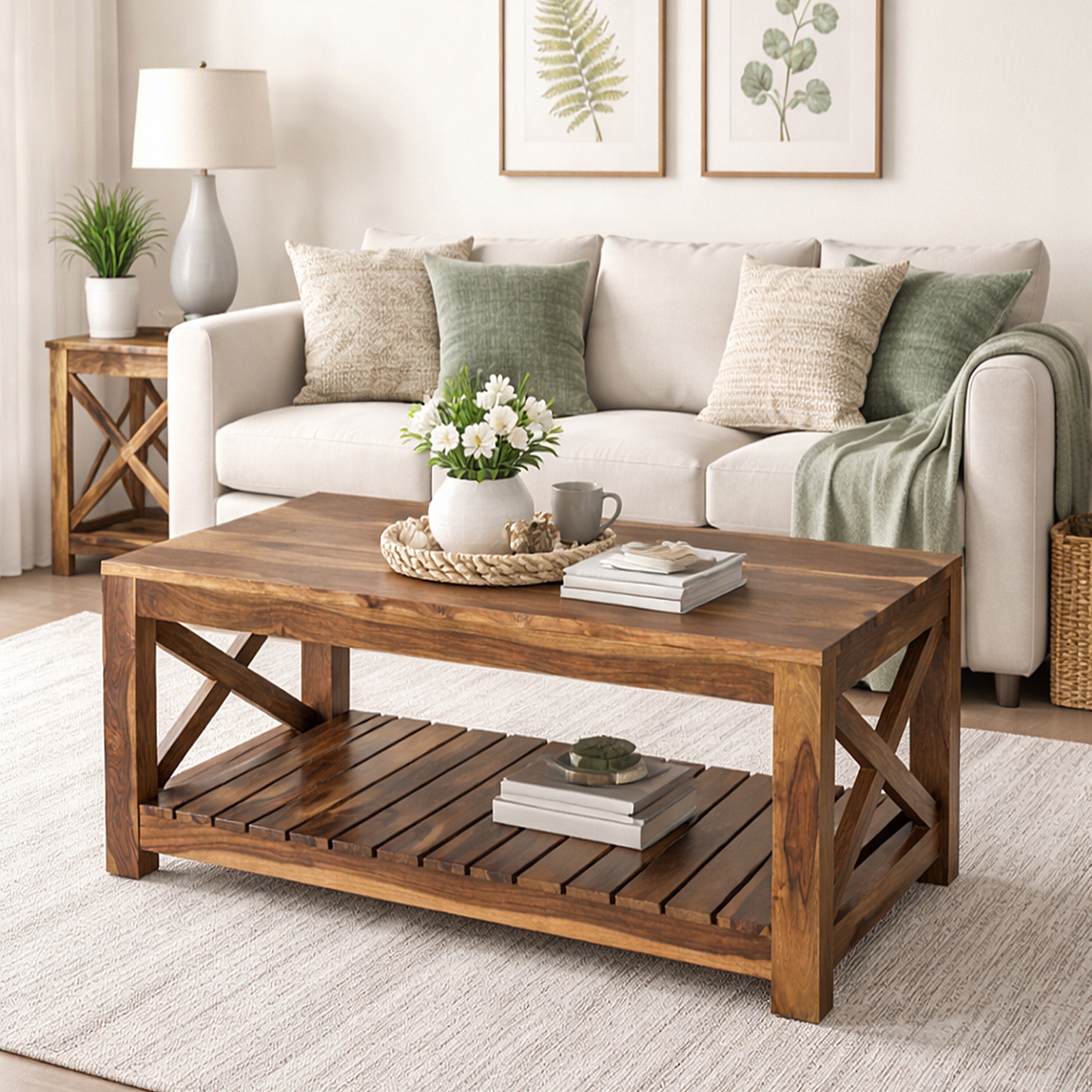Solid Wood Coffee Table with Open Shelf Storage