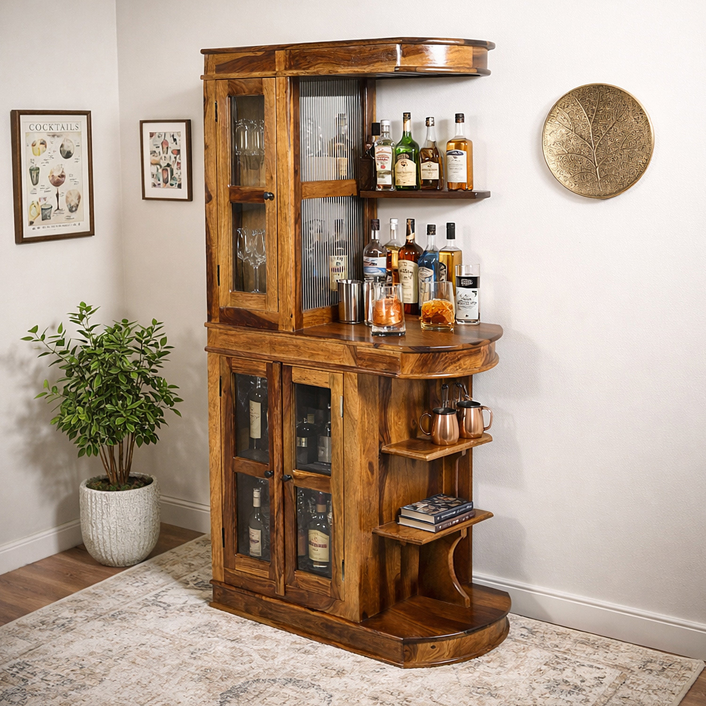 Solid Sheesham Wood Bar Cabinet with Glass Doors & Open Shelves