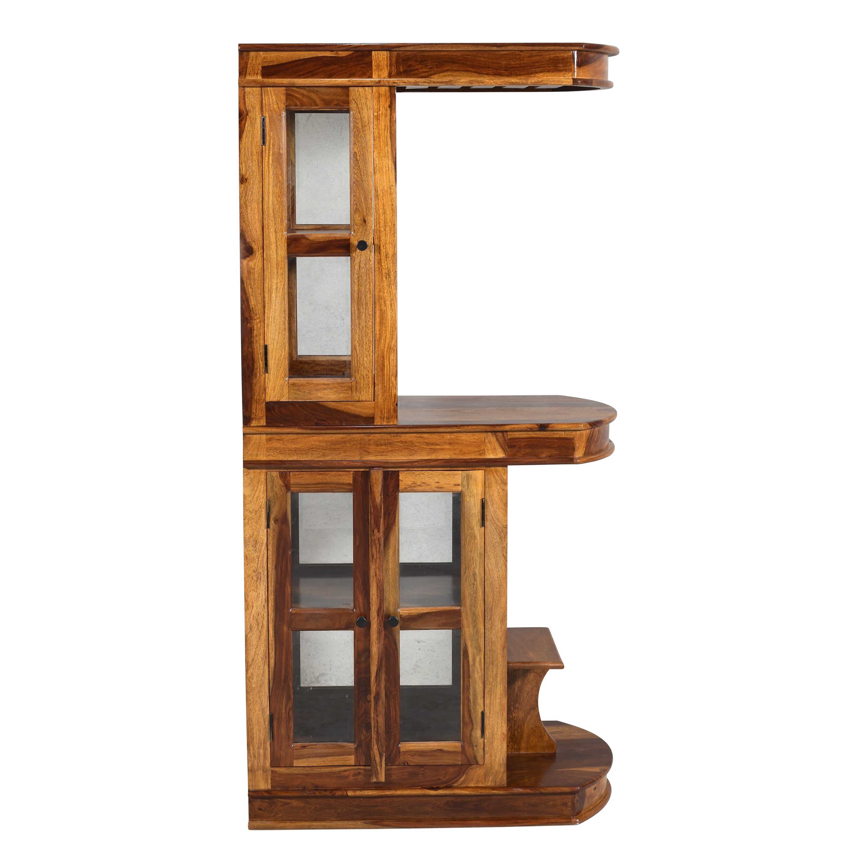 Solid Sheesham Wood Bar Cabinet with Glass Doors & Open Shelves
