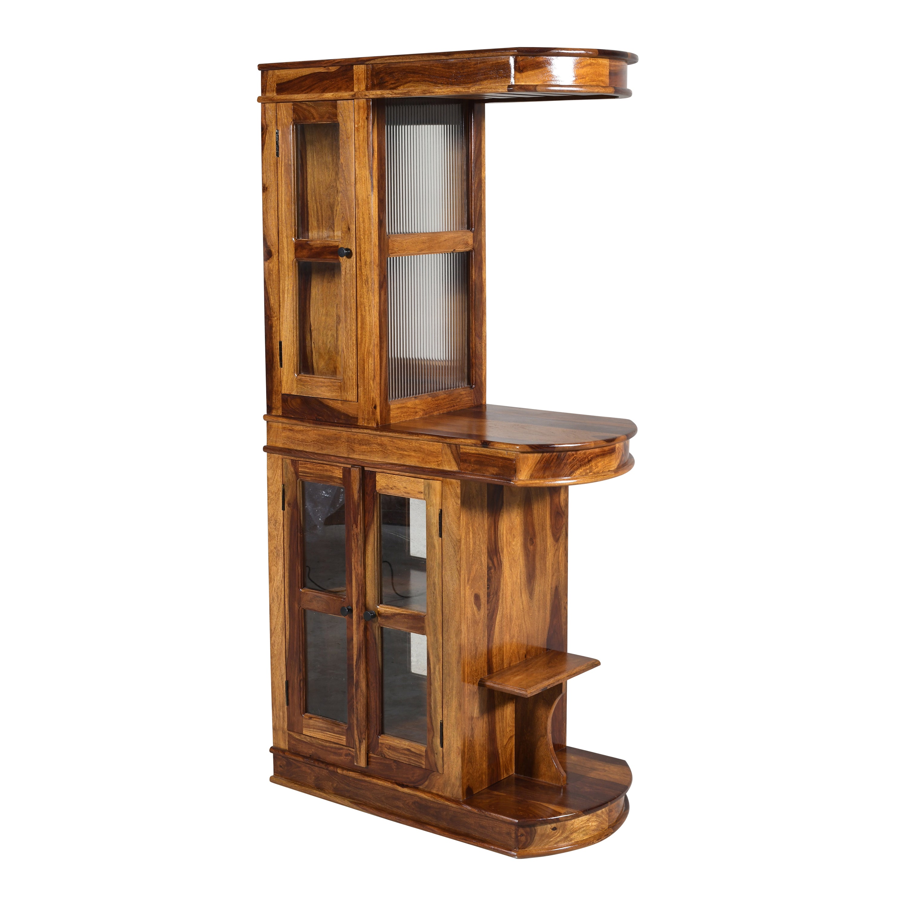 Solid Sheesham Wood Bar Counter with Glass Doors & Open Shelves