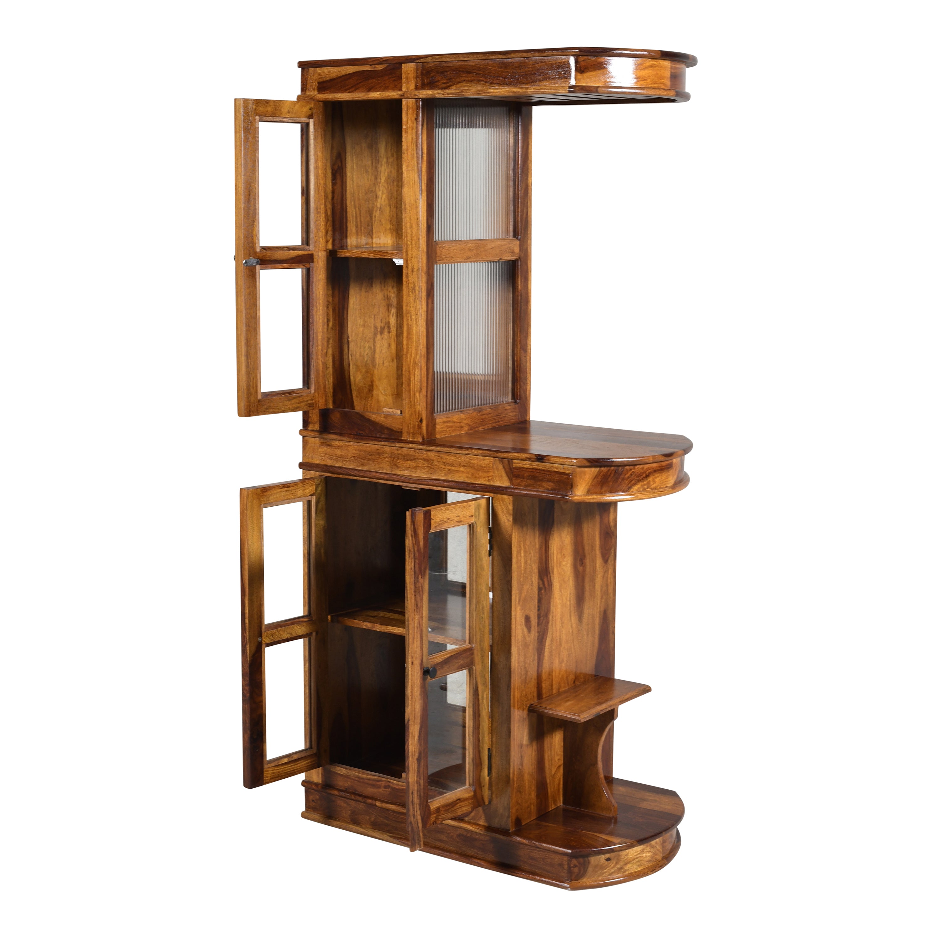 Solid Sheesham Wood Bar Counter with Glass Doors & Open Shelves