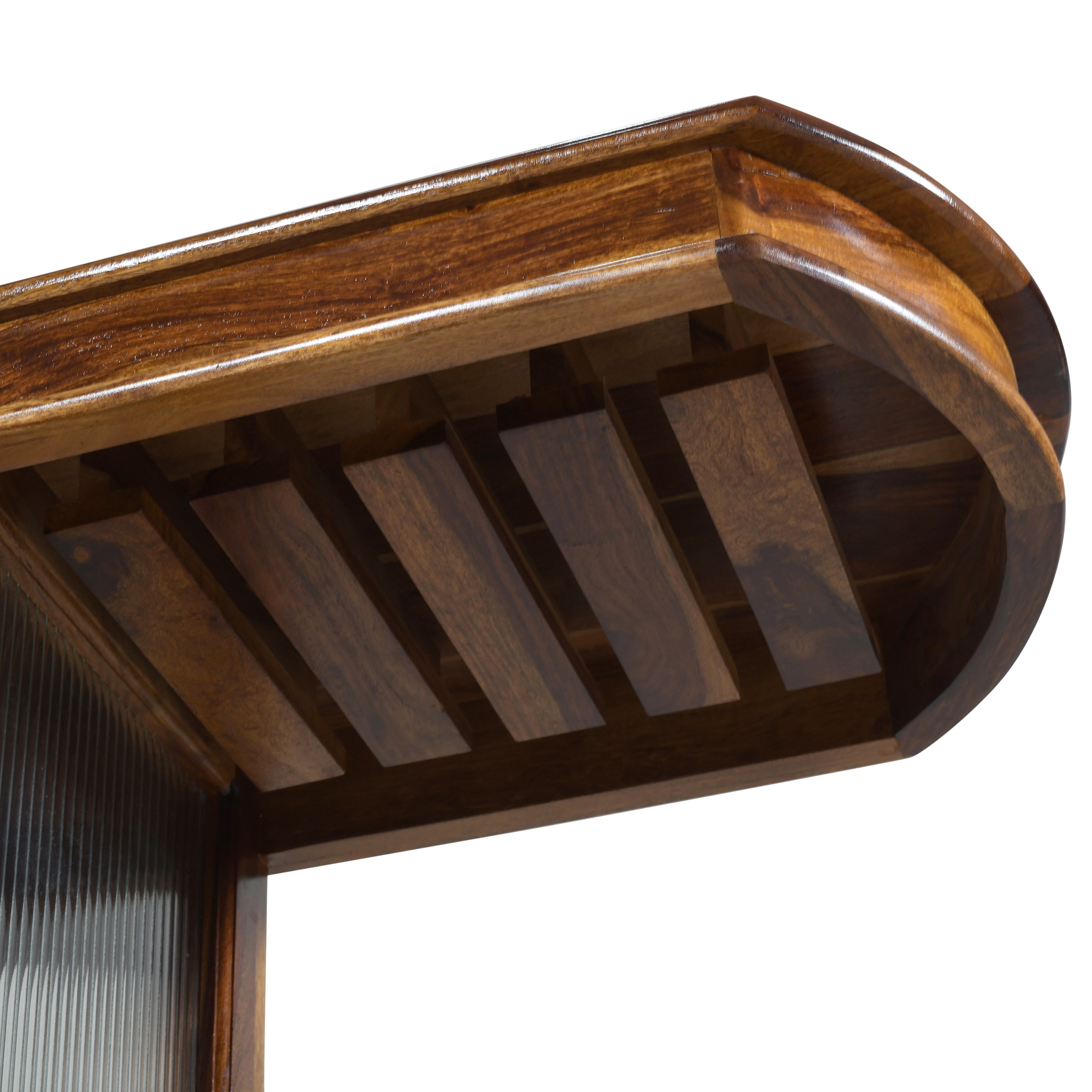 Solid Sheesham Wood Bar Counter with Glass Doors & Open Shelves