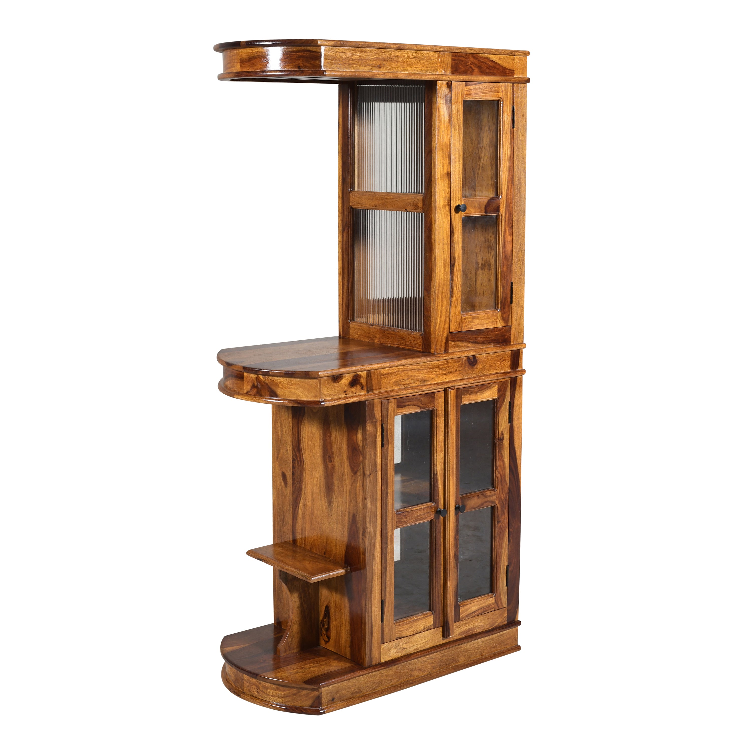 Solid Sheesham Wood Bar Cabinet with Glass Doors & Open Shelves