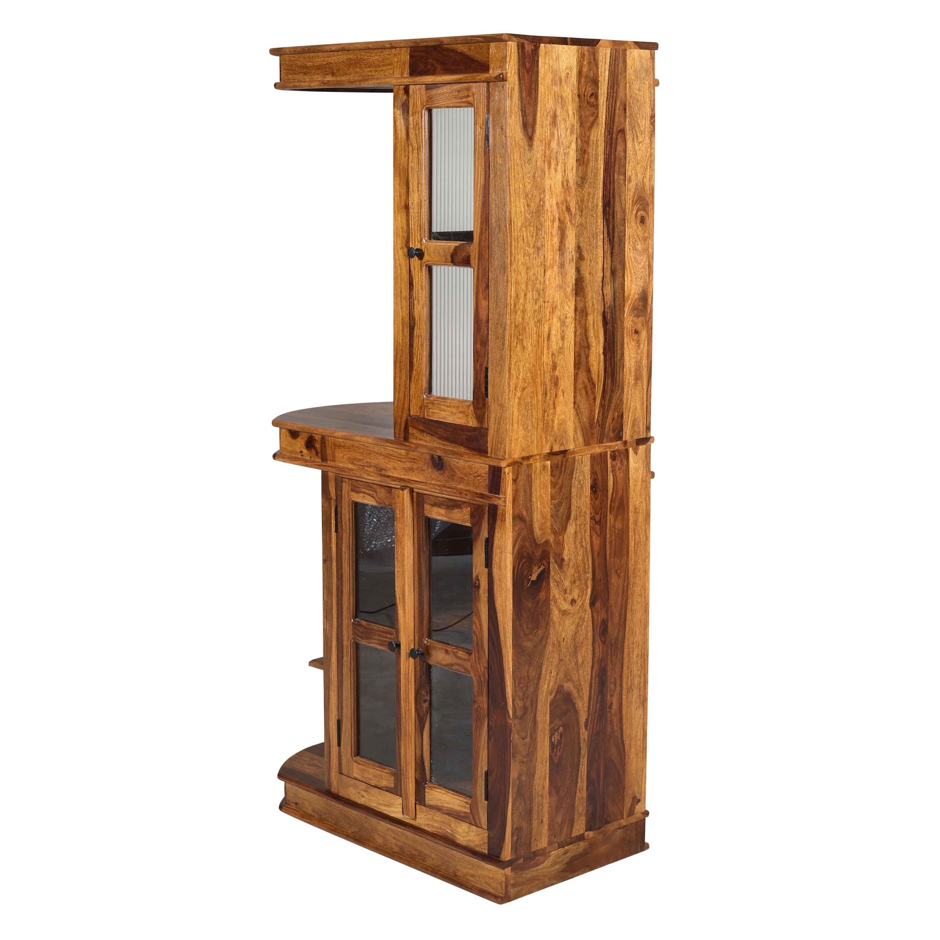 Solid Sheesham Wood Bar Cabinet with Glass Doors & Open Shelves