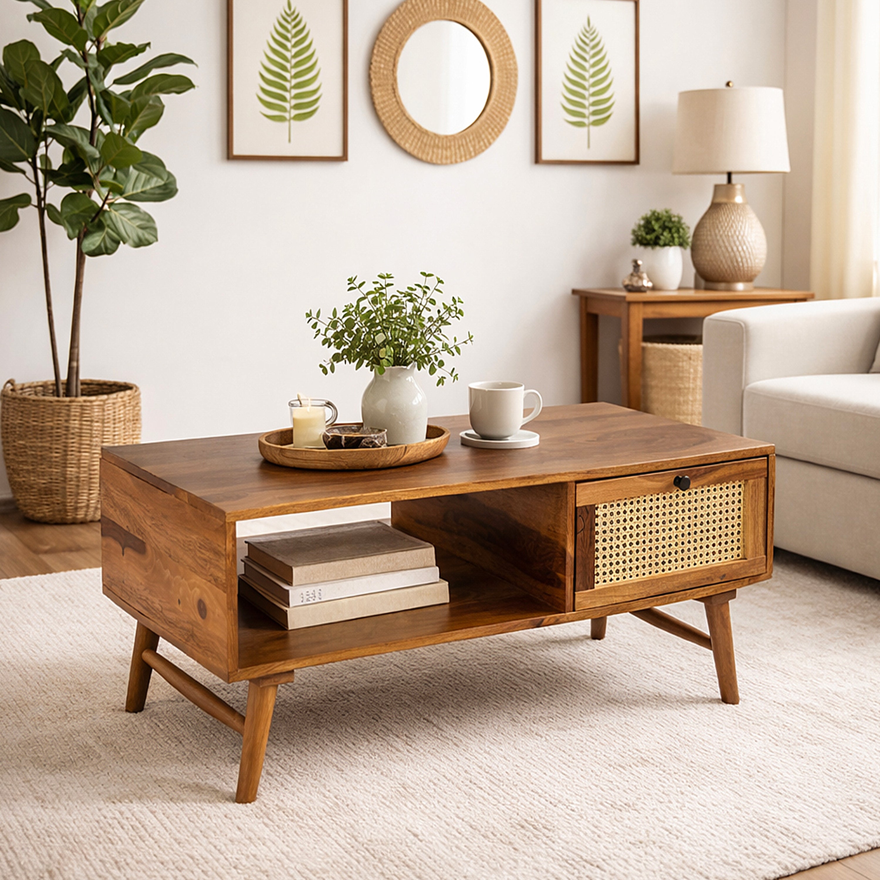 Solid Wood Coffee Table with Cane Drawer & Open Storage