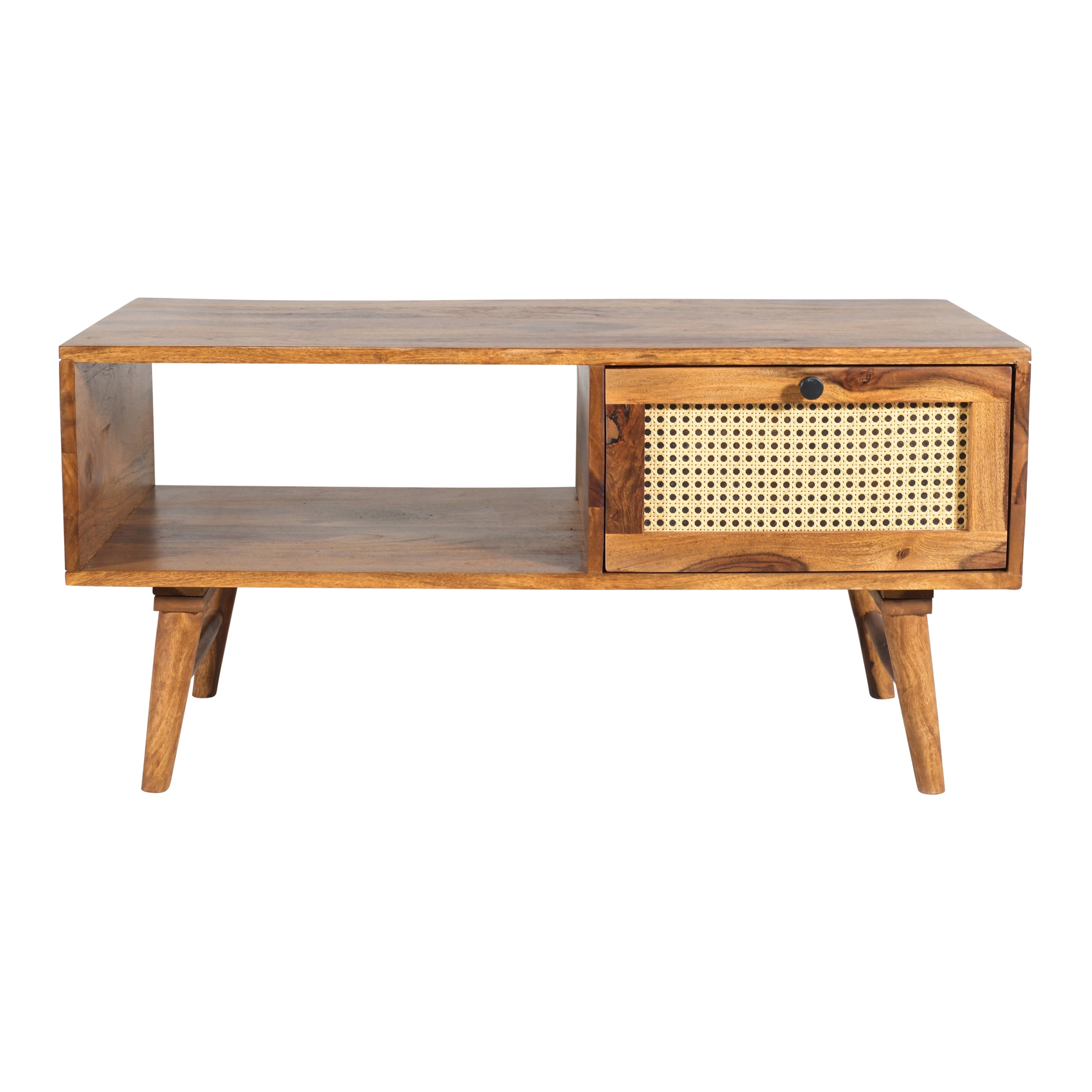 Solid Wood Coffee Table with Cane Drawer & Open Storage