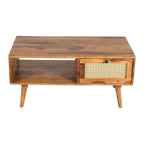 Solid Wood Coffee Table with Cane Drawer & Open Storage