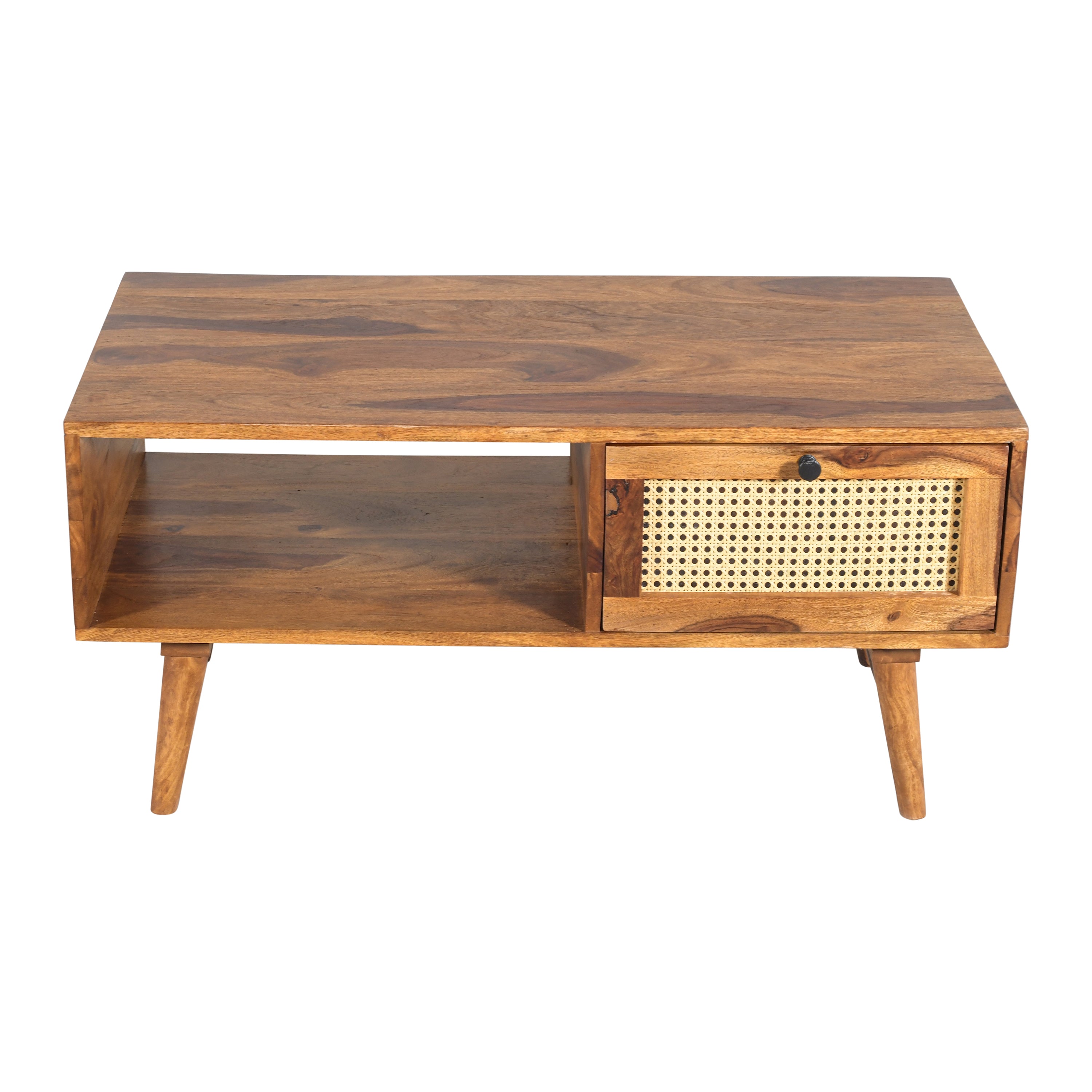 Solid Wood Coffee Table with Cane Drawer & Open Storage