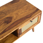 Solid Wood Coffee Table with Cane Drawer & Open Storage