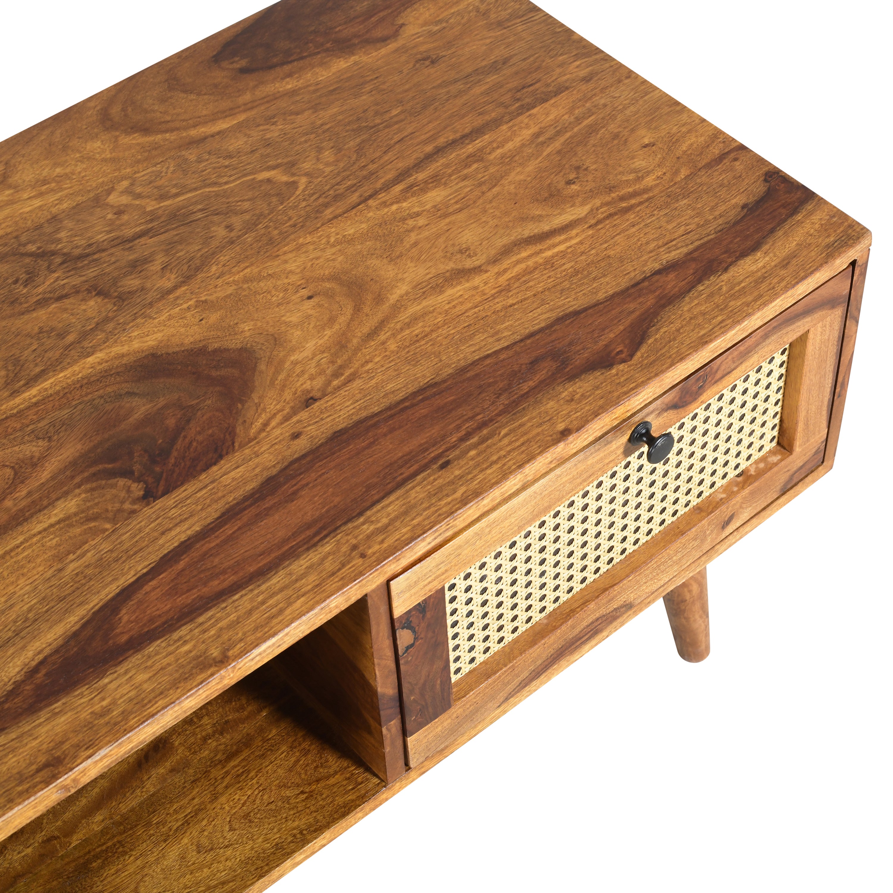 Solid Wood Coffee Table with Cane Drawer & Open Storage