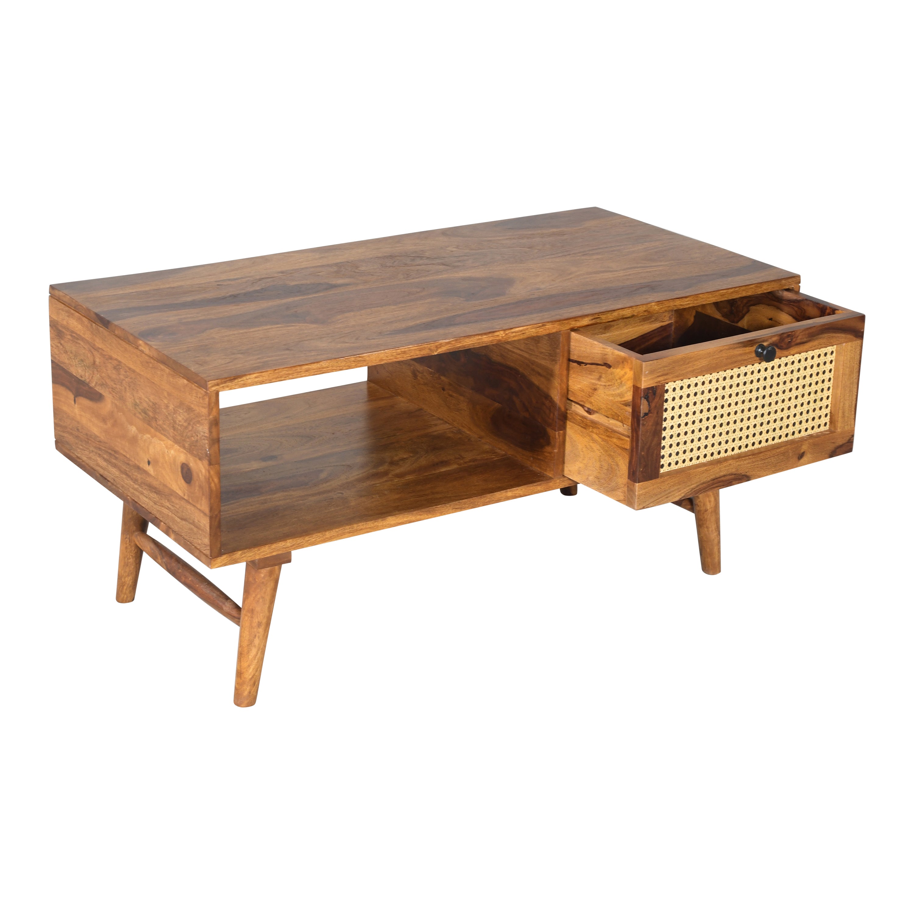 Solid Wood Coffee Table with Cane Drawer & Open Storage