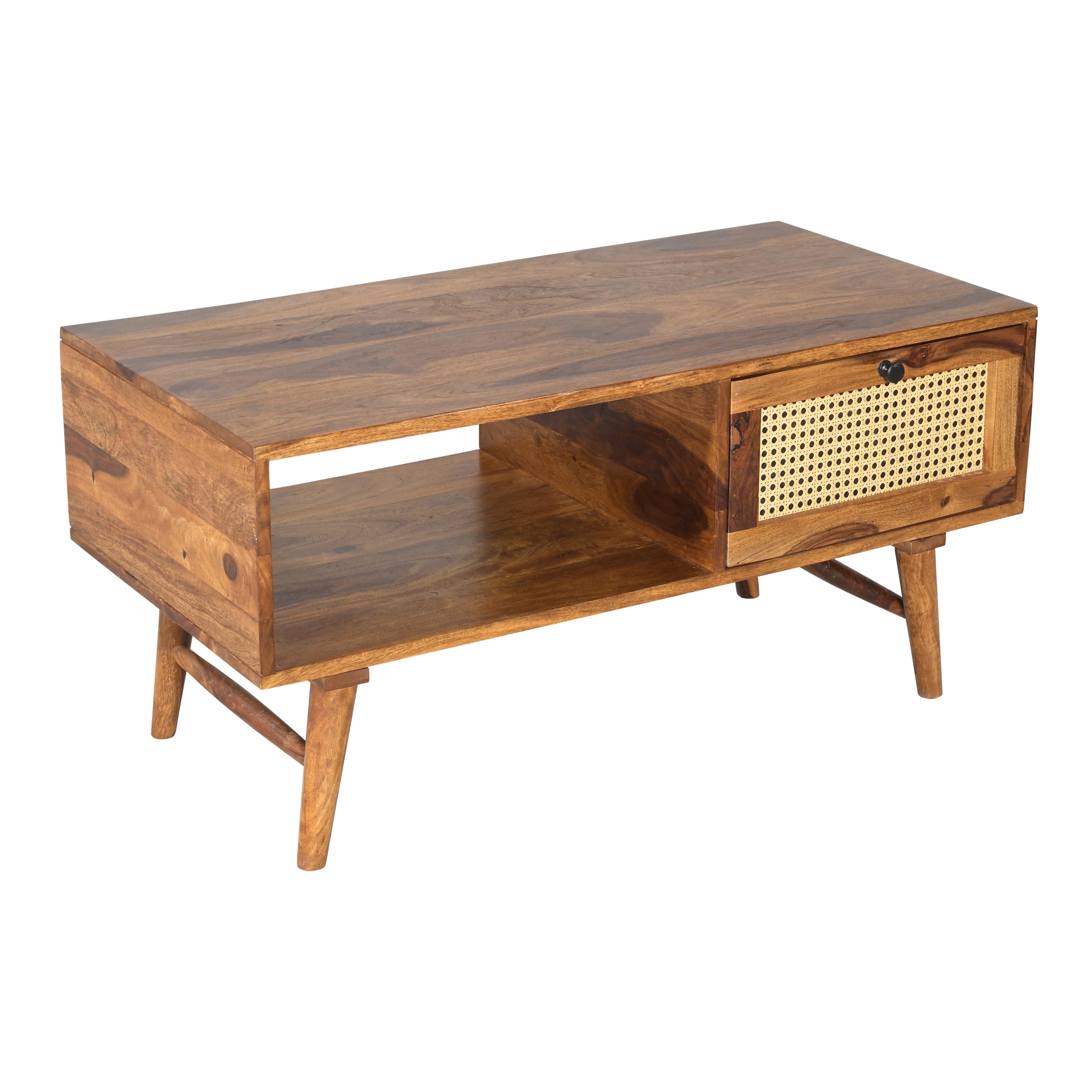 Solid Wood Coffee Table with Cane Drawer & Open Storage