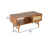 Solid Wood Coffee Table with Cane Drawer & Open Storage