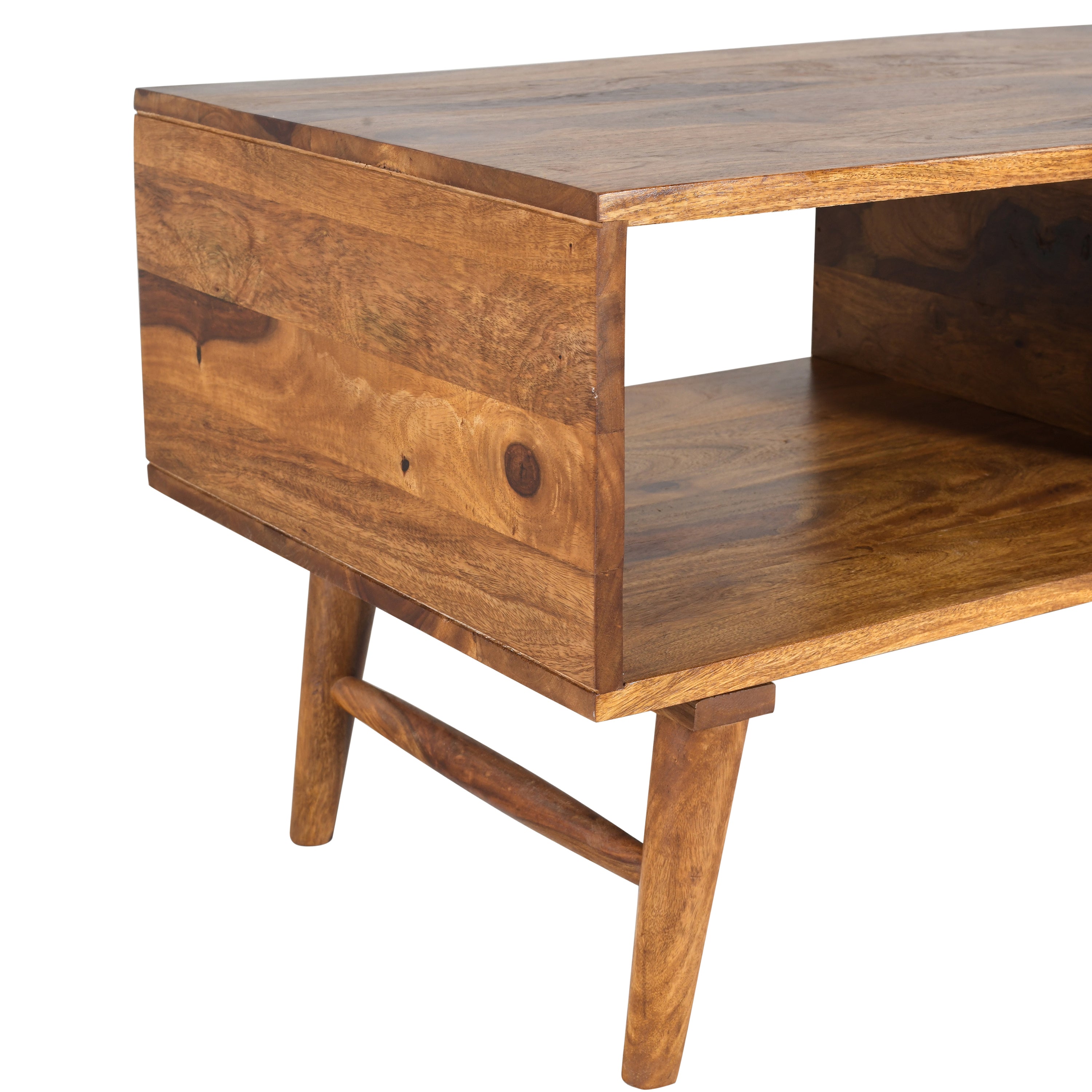 Solid Wood Coffee Table with Cane Drawer & Open Storage