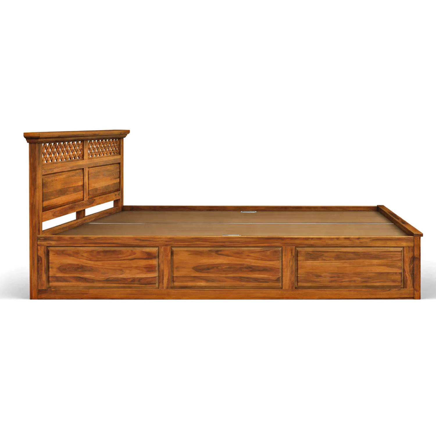 Wooden Flower Solid Sheesham Wood Bed with Floral Jaali Headboard Design
