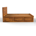 Diamond Solid Sheesham Wood Bed with Diamond Carved Headboard and Drawer Storage
