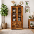 Crocekry Tile Solid Sheesham Wood Display Cabinet with Glass Doors & Handcrafted Block Design
