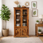 Crocekry Tile Solid Sheesham Wood Display Cabinet with Glass Doors & Handcrafted Block Design