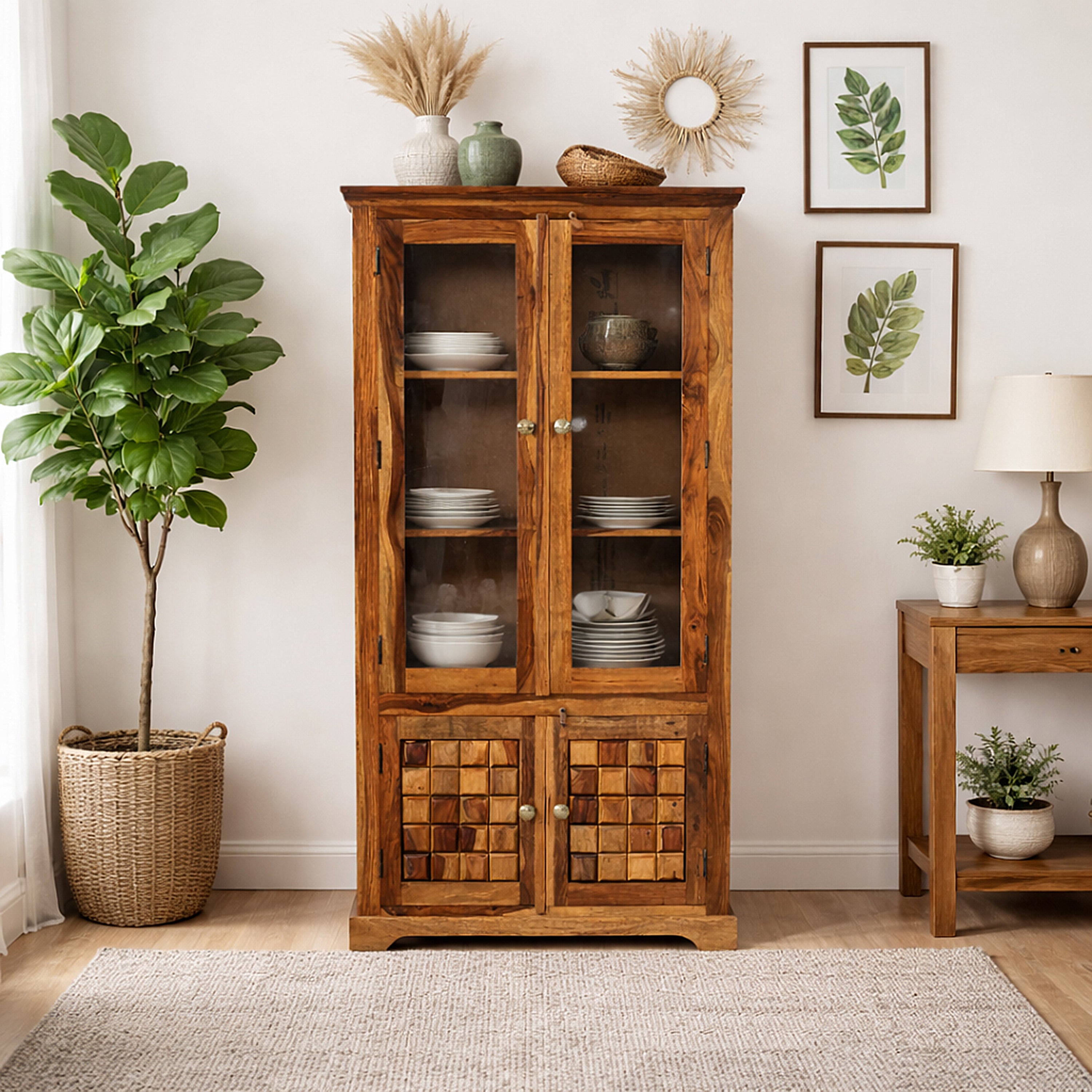 Solid Sheesham Wood Display Cabinet with Glass Doors & Handcrafted Block Design