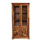 Crocekry Tile Solid Sheesham Wood Display Cabinet with Glass Doors & Handcrafted Block Design