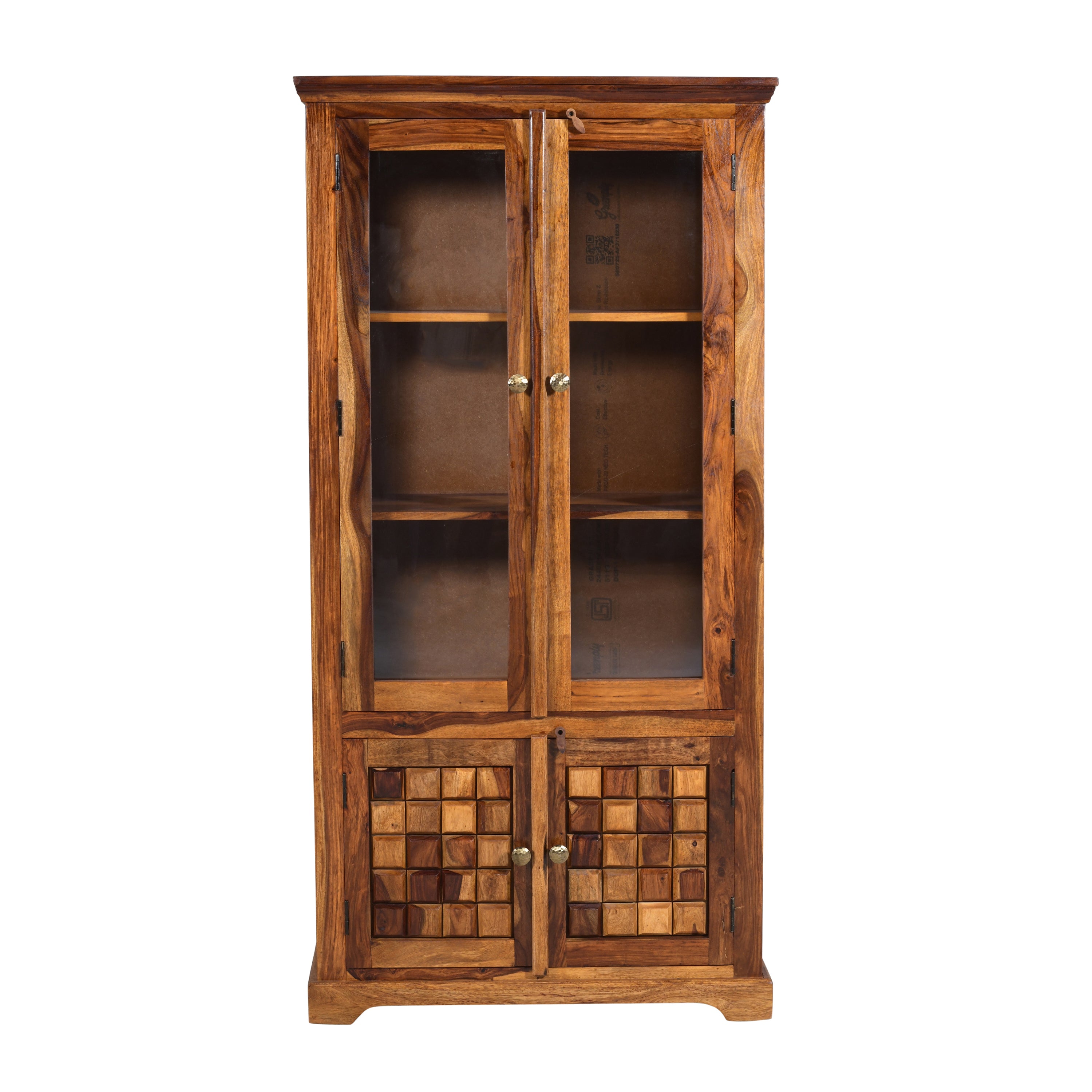 Solid Sheesham Wood Display Cabinet with Glass Doors & Handcrafted Block Design