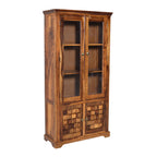 Crocekry Tile Solid Sheesham Wood Display Cabinet with Glass Doors & Handcrafted Block Design