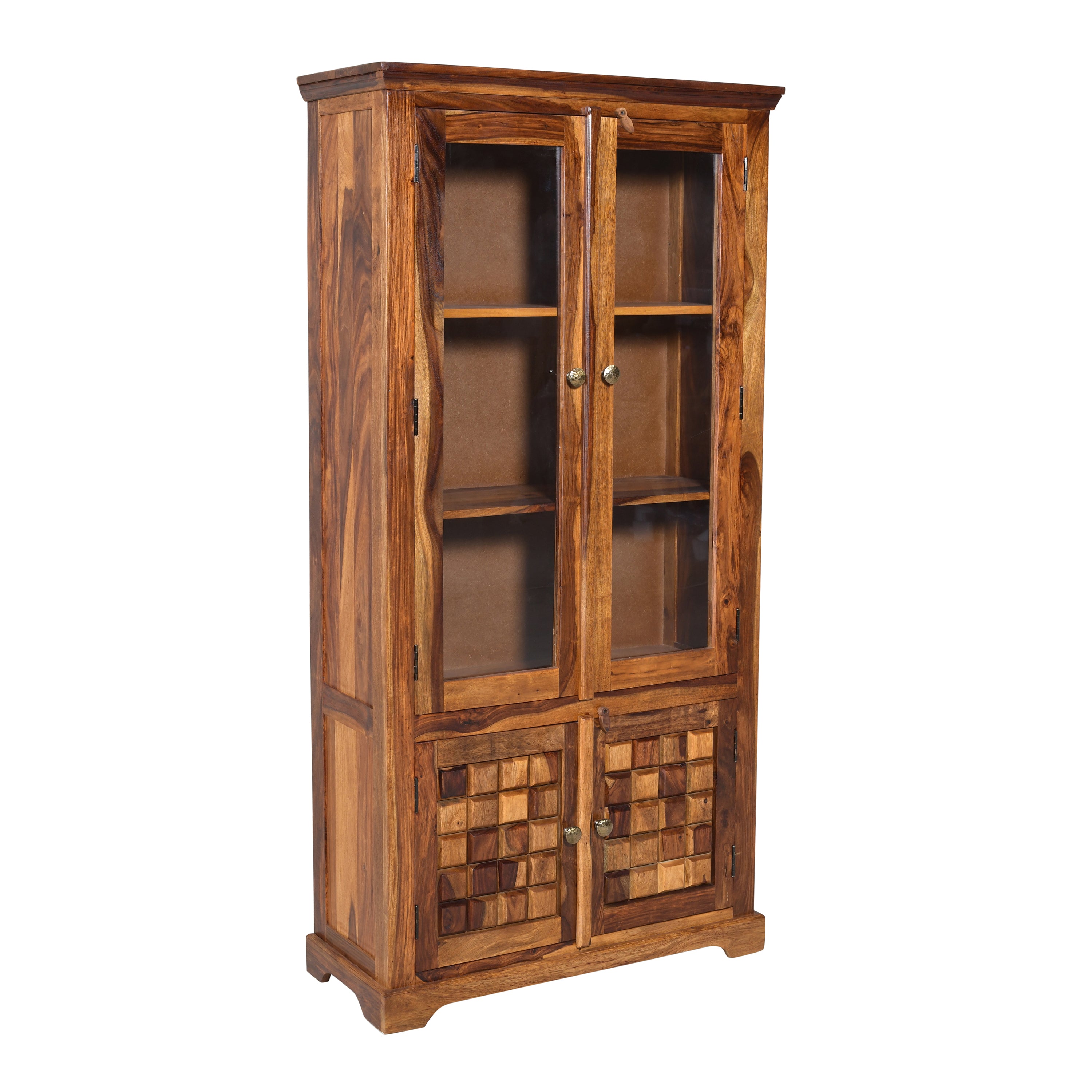 Solid Sheesham Wood Display Cabinet with Glass Doors & Handcrafted Block Design