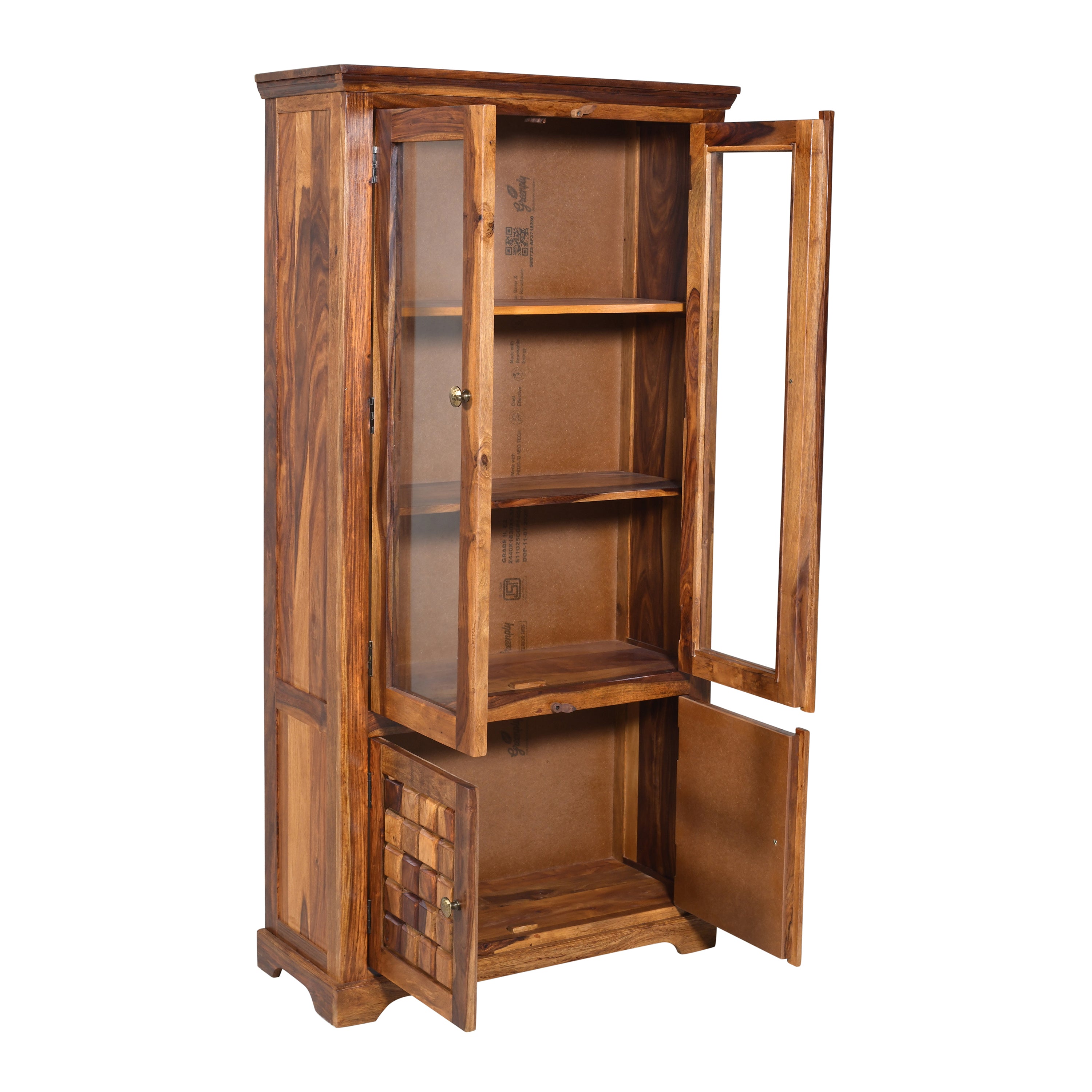 Solid Sheesham Wood Display Cabinet with Glass Doors & Handcrafted Block Design