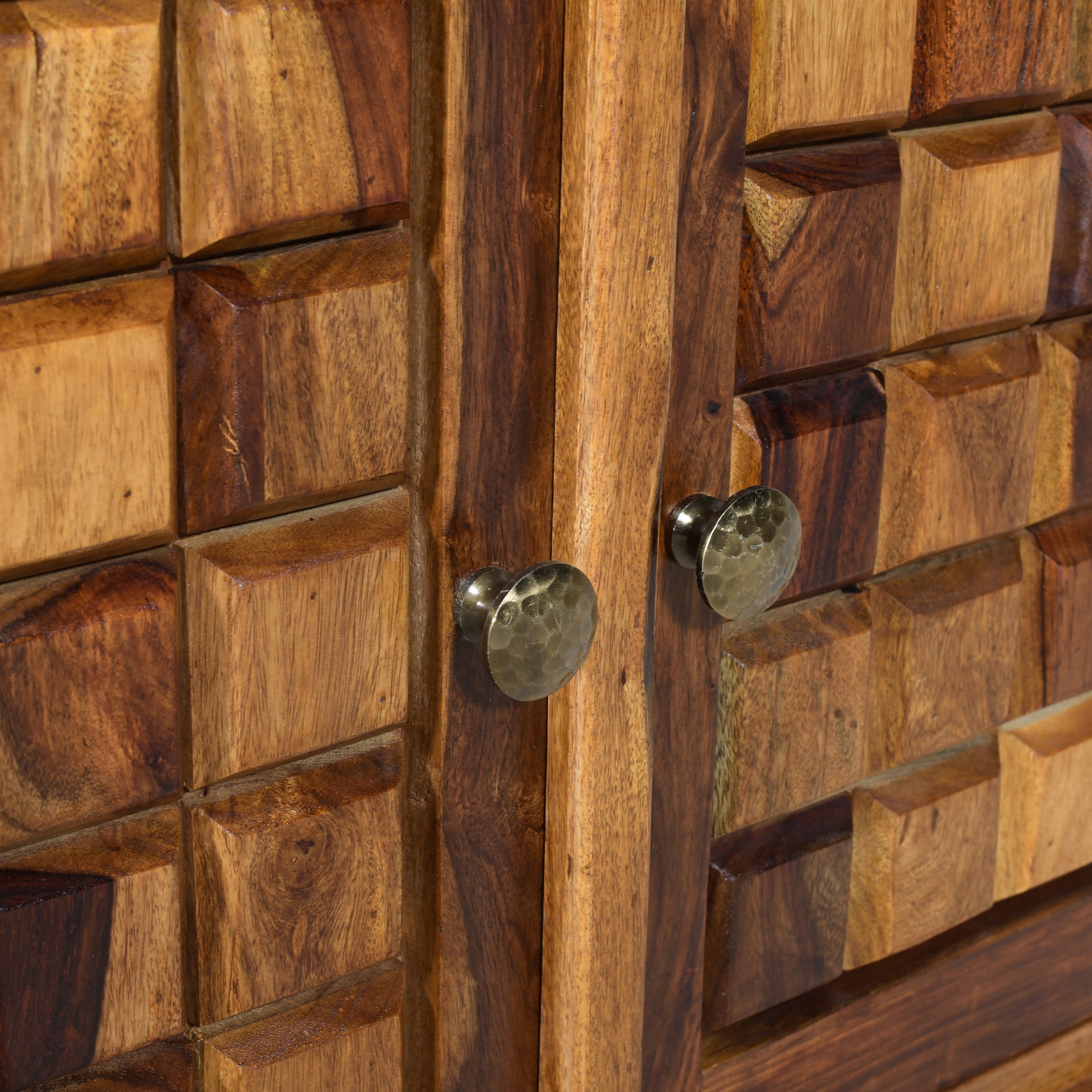 Solid Sheesham Wood Display Cabinet with Glass Doors & Handcrafted Block Design