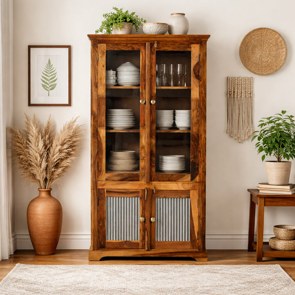 Solid Sheesham Wood Display Cabinet with Glass & Ribbed Panel Doors