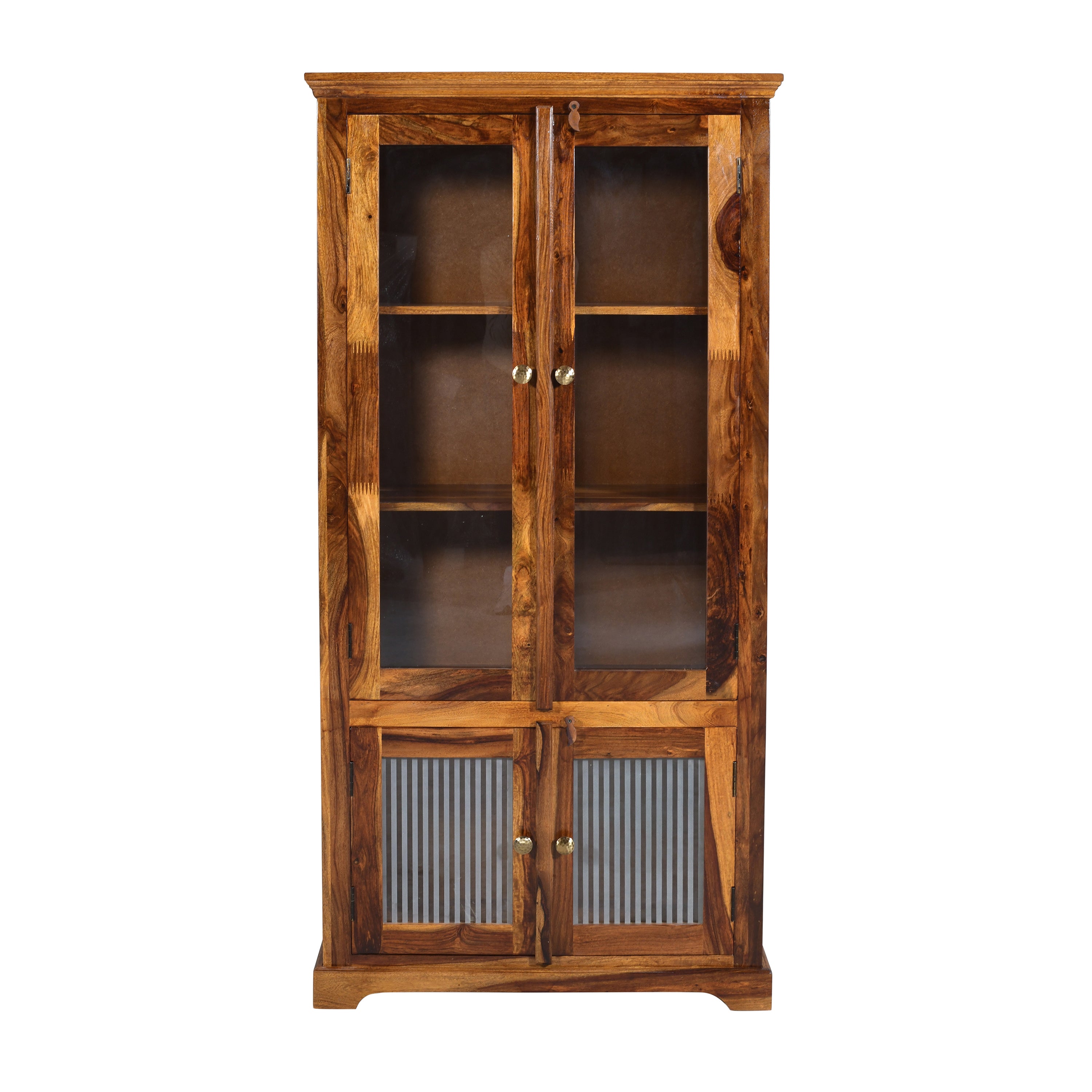 Solid Sheesham Wood Display Cabinet with Glass & Ribbed Panel Doors