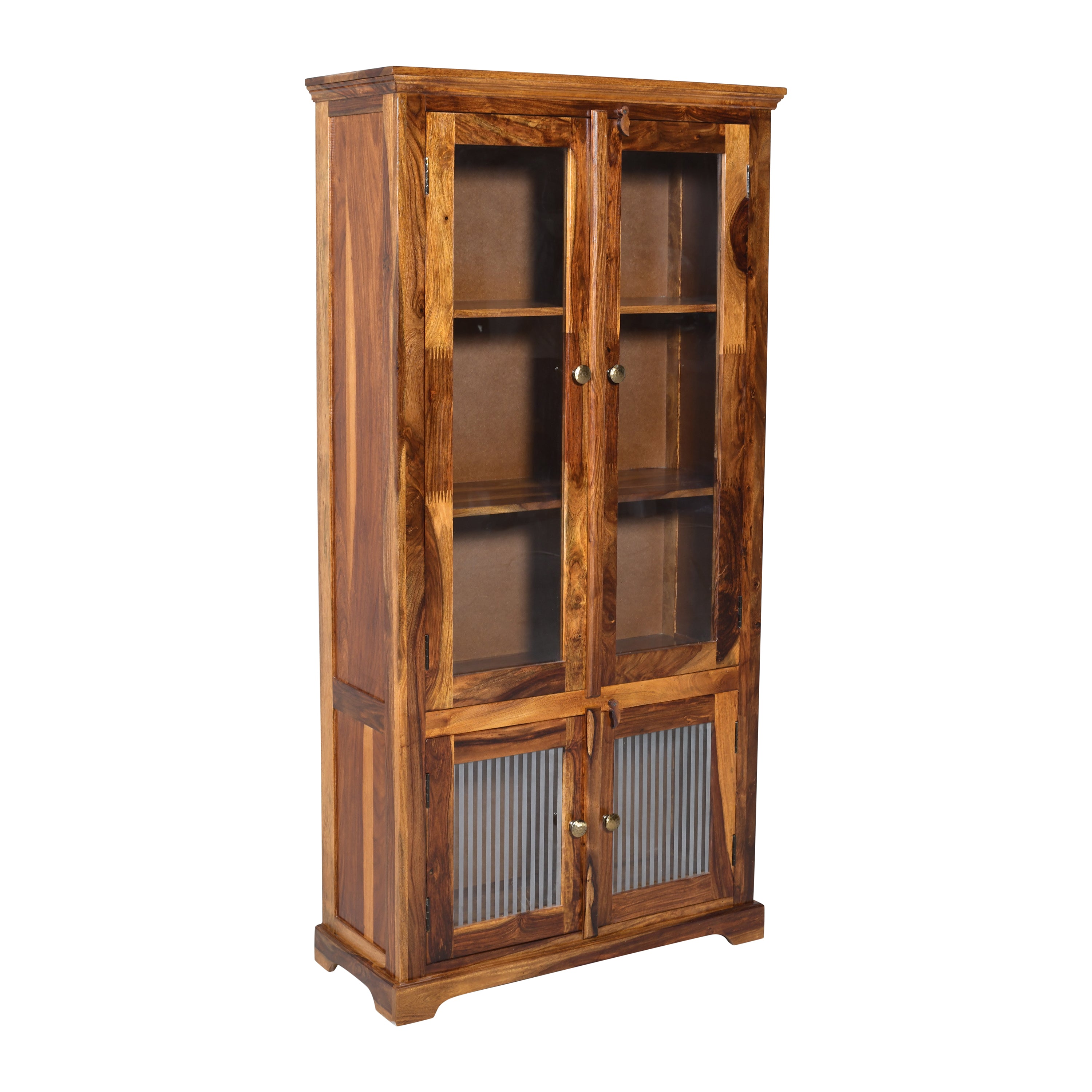 Solid Sheesham Wood Display Cabinet with Glass & Ribbed Panel Doors