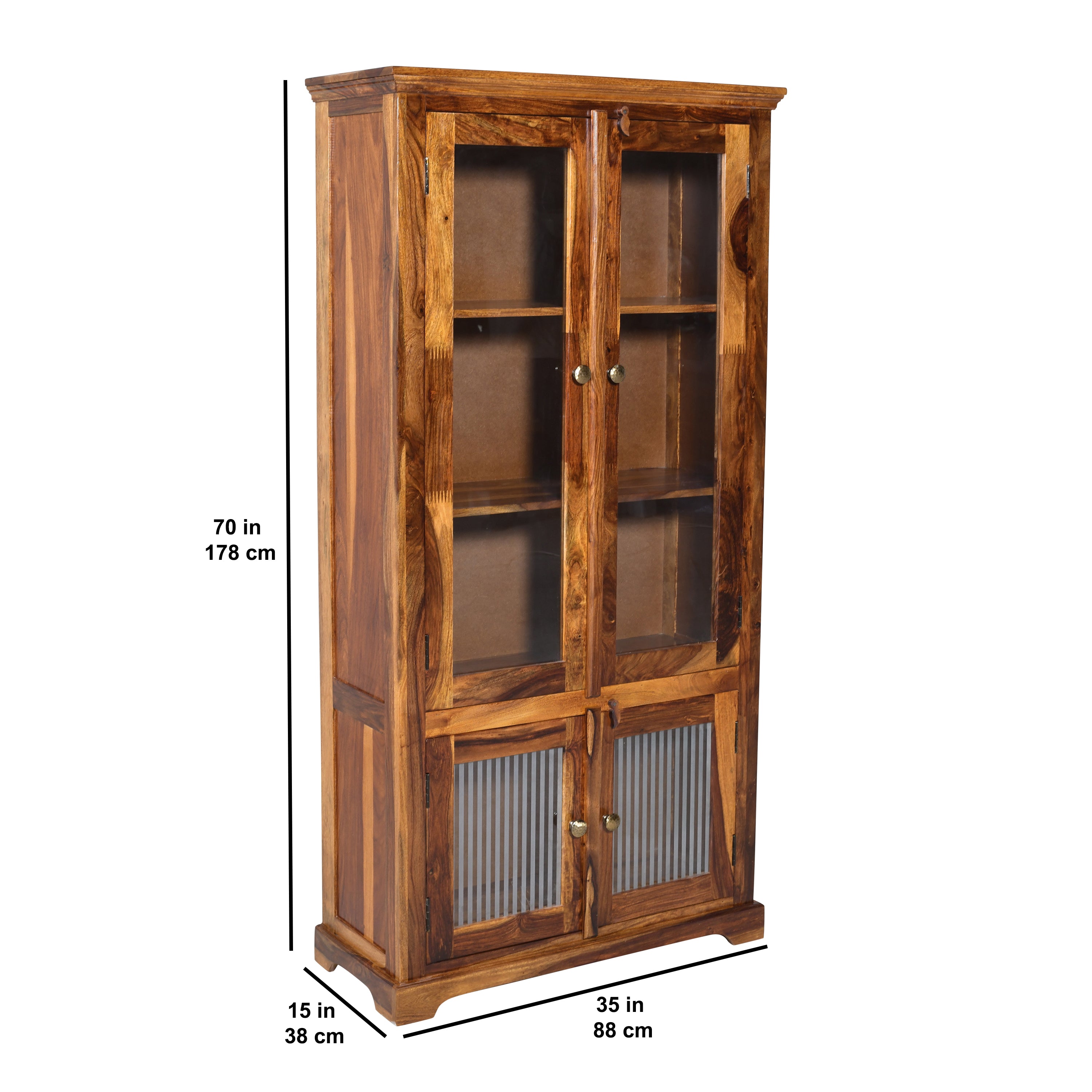 Solid Sheesham Wood Display Cabinet with Glass & Ribbed Panel Doors