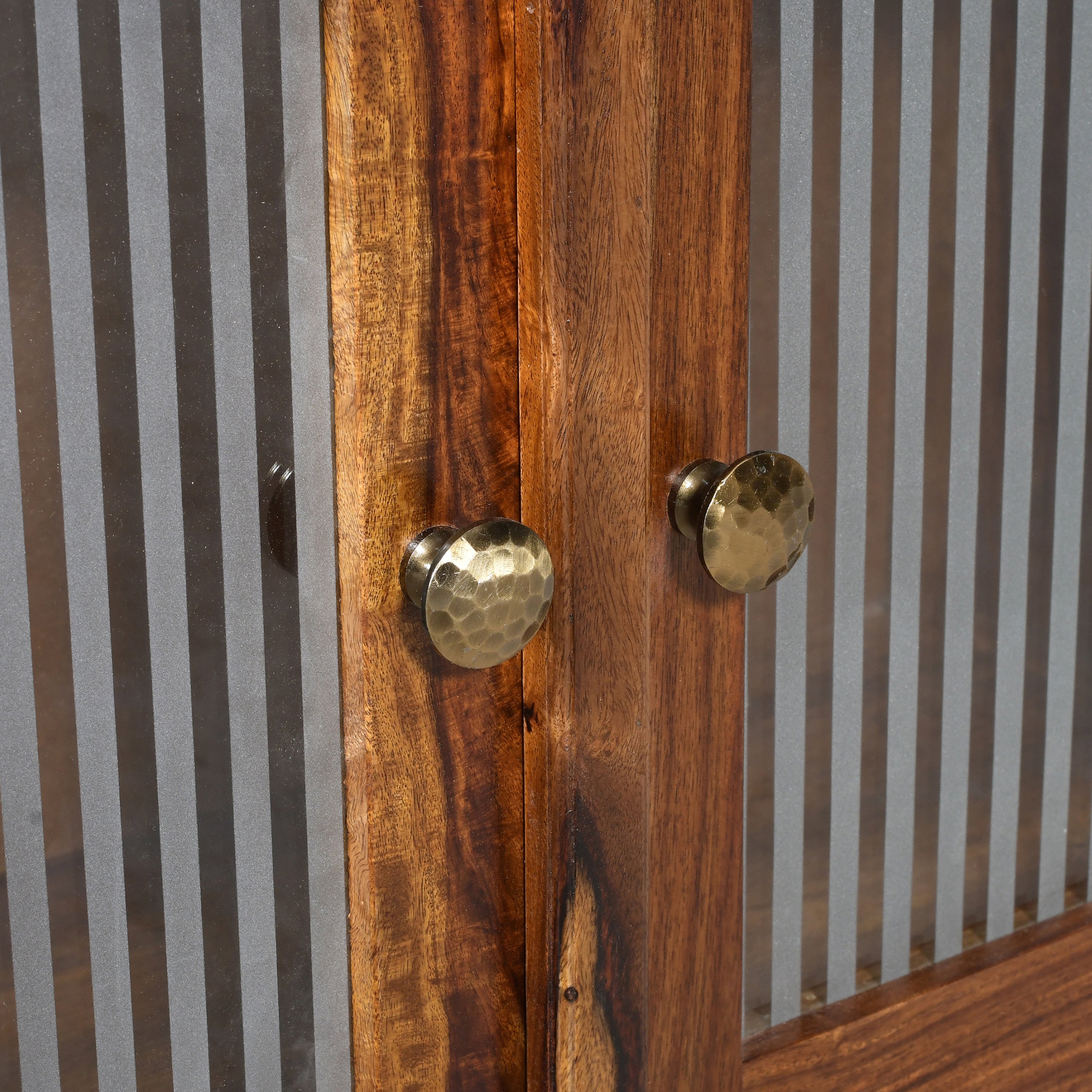 Solid Sheesham Wood Display Cabinet with Glass & Ribbed Panel Doors