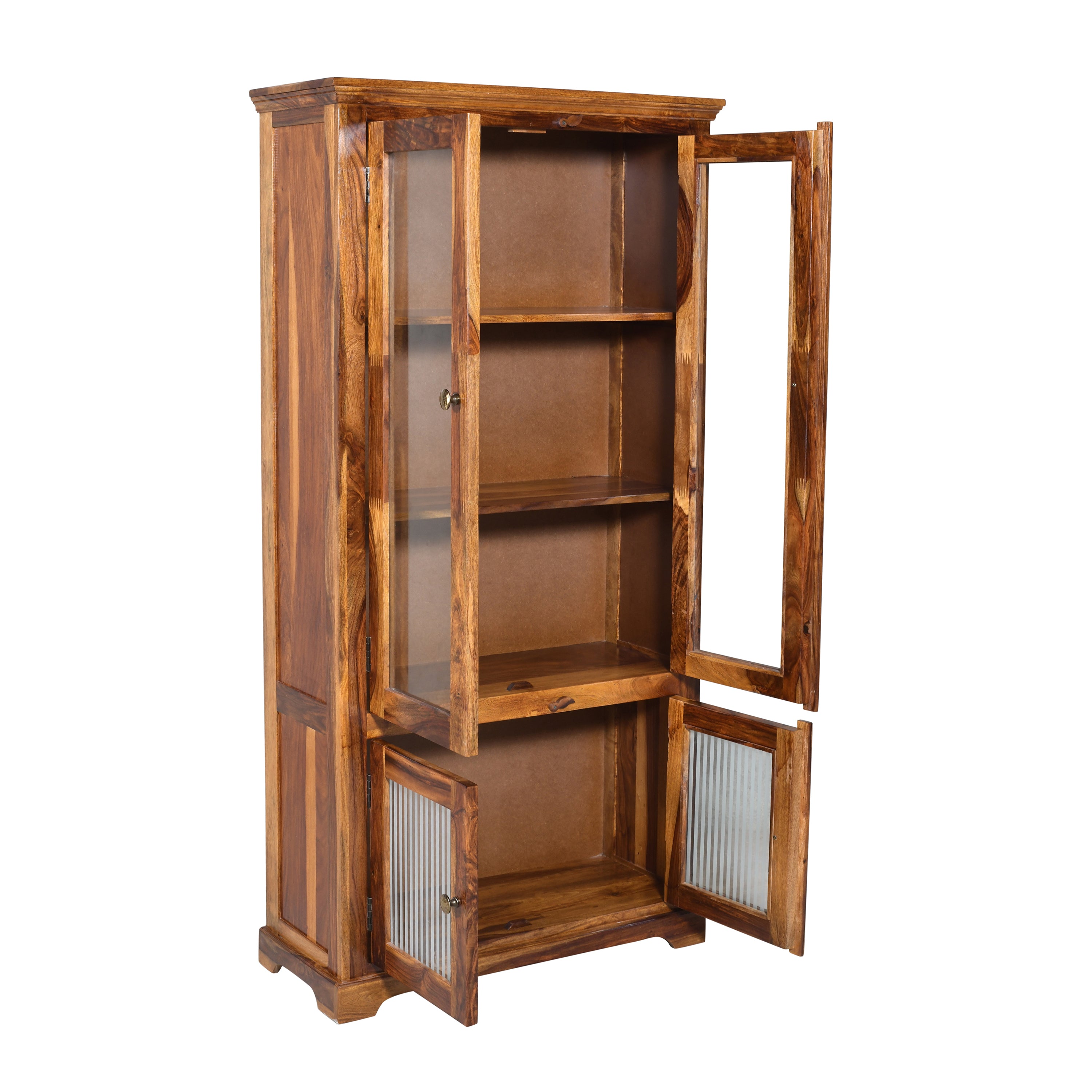 Solid Sheesham Wood Display Cabinet with Glass & Ribbed Panel Doors