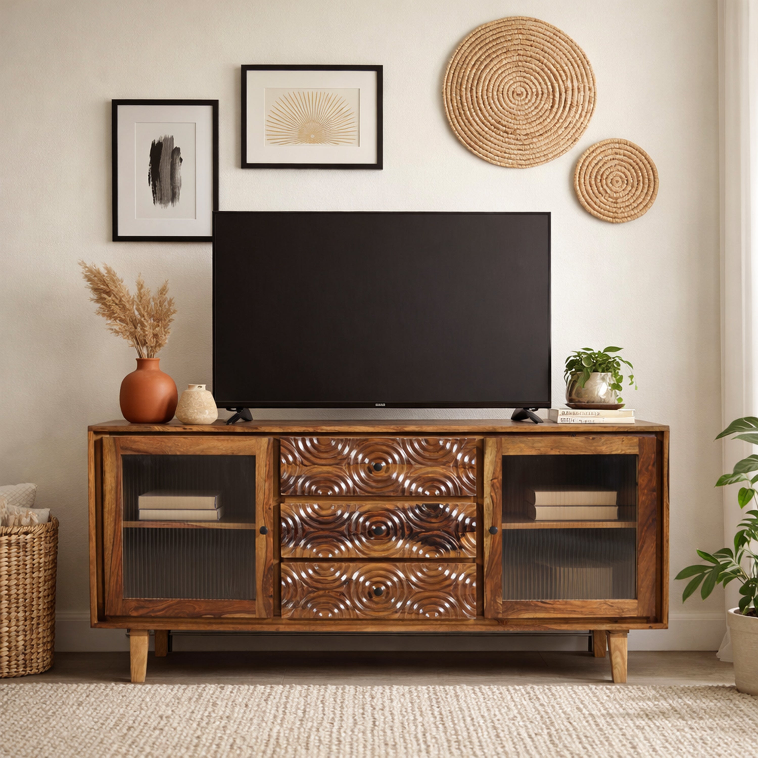 Solid Wood TV Unit with Carved Drawers & Glass Door Storage