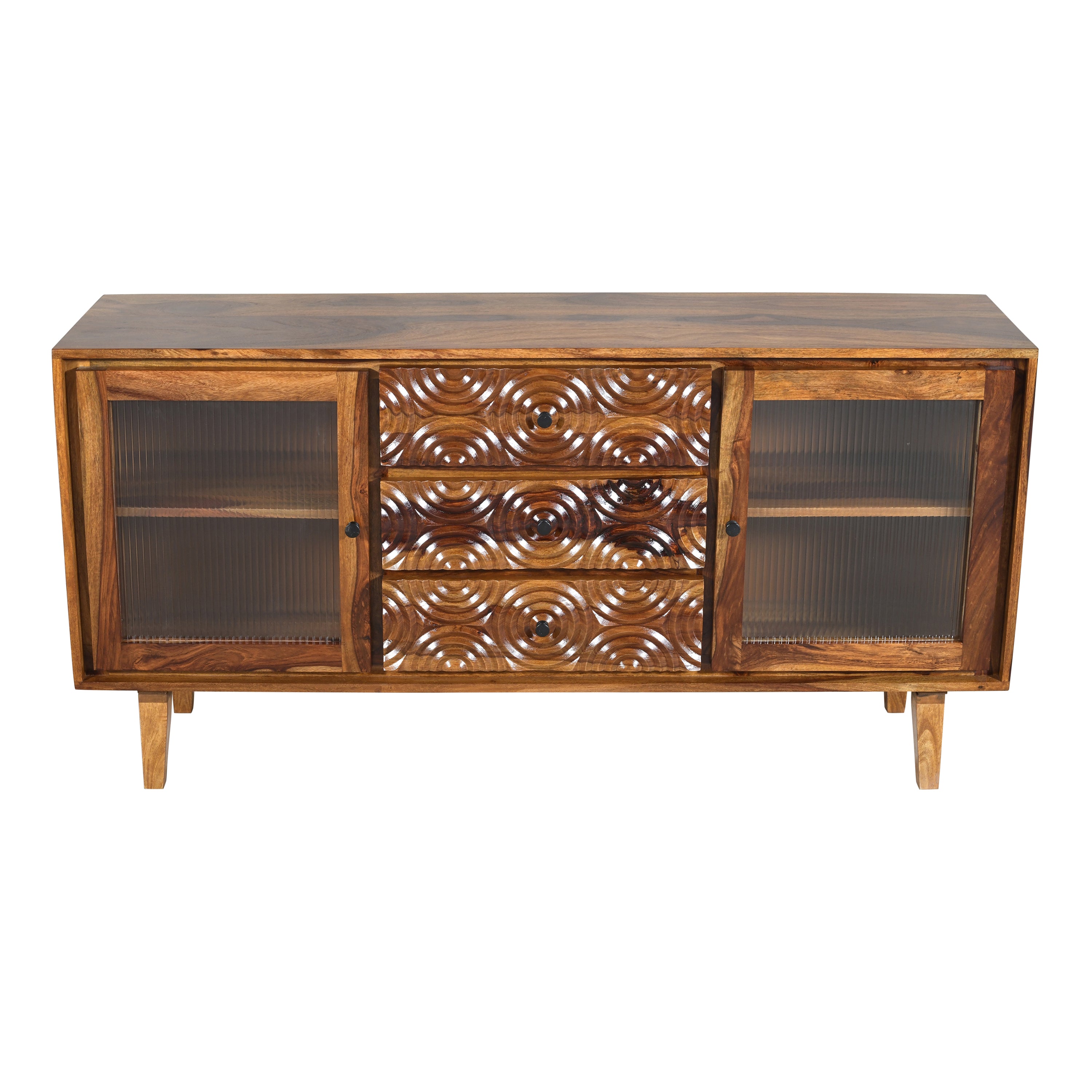 Solid Wood TV Unit with Carved Drawers & Glass Door Storage