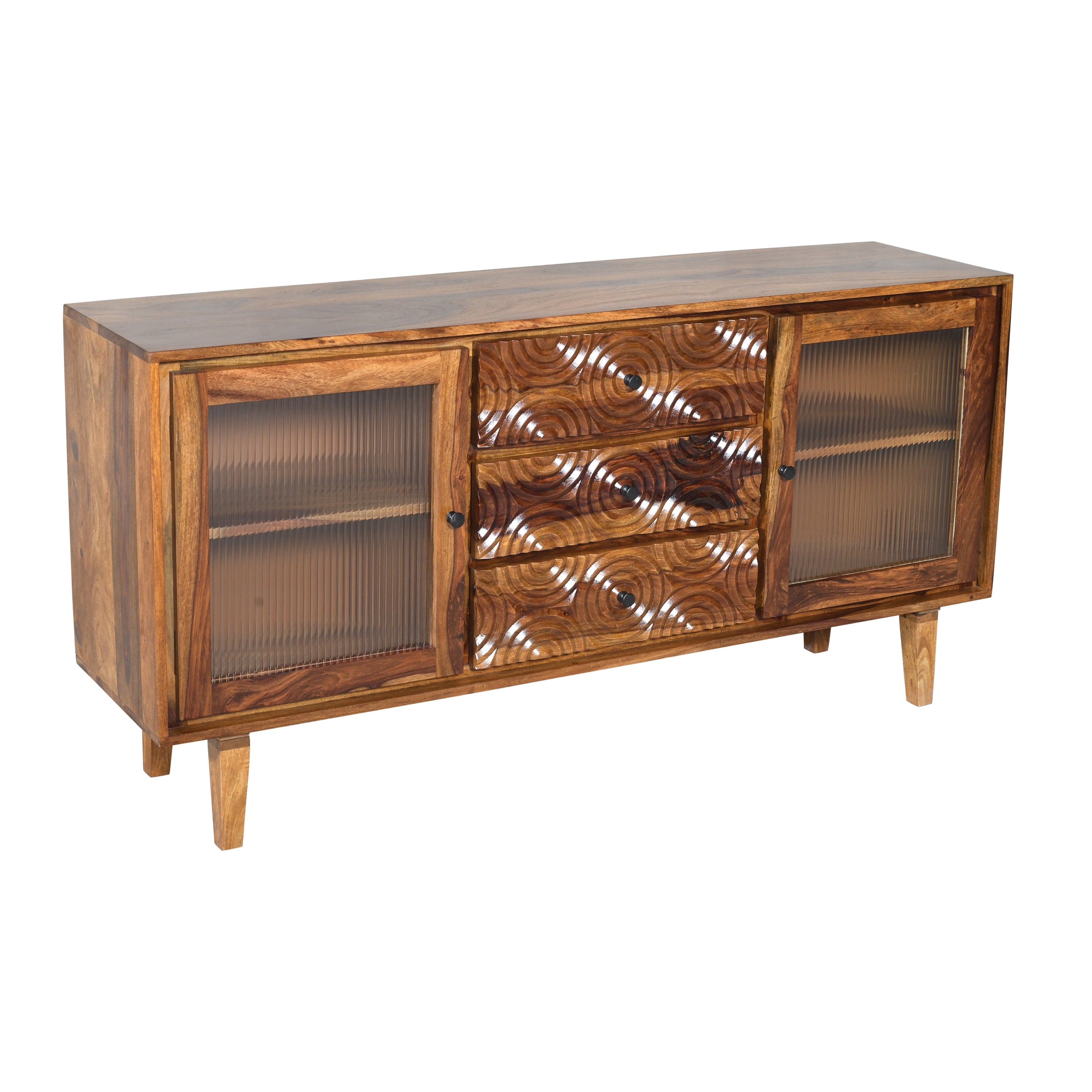 Solid Wood TV Unit with Carved Drawers & Glass Door Storage